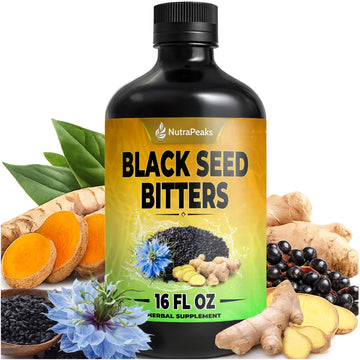 Black Seed Oil Bitters Liquid - Premium Herbal Blend with Black Seed Extract, Curcumin (Turmeric Extract), Ashwagandha, Elderberry, Probiotics, Vitamin C, Zinc...16 fl oz | Natural Botanical Blend NutraPeaks Au supplements