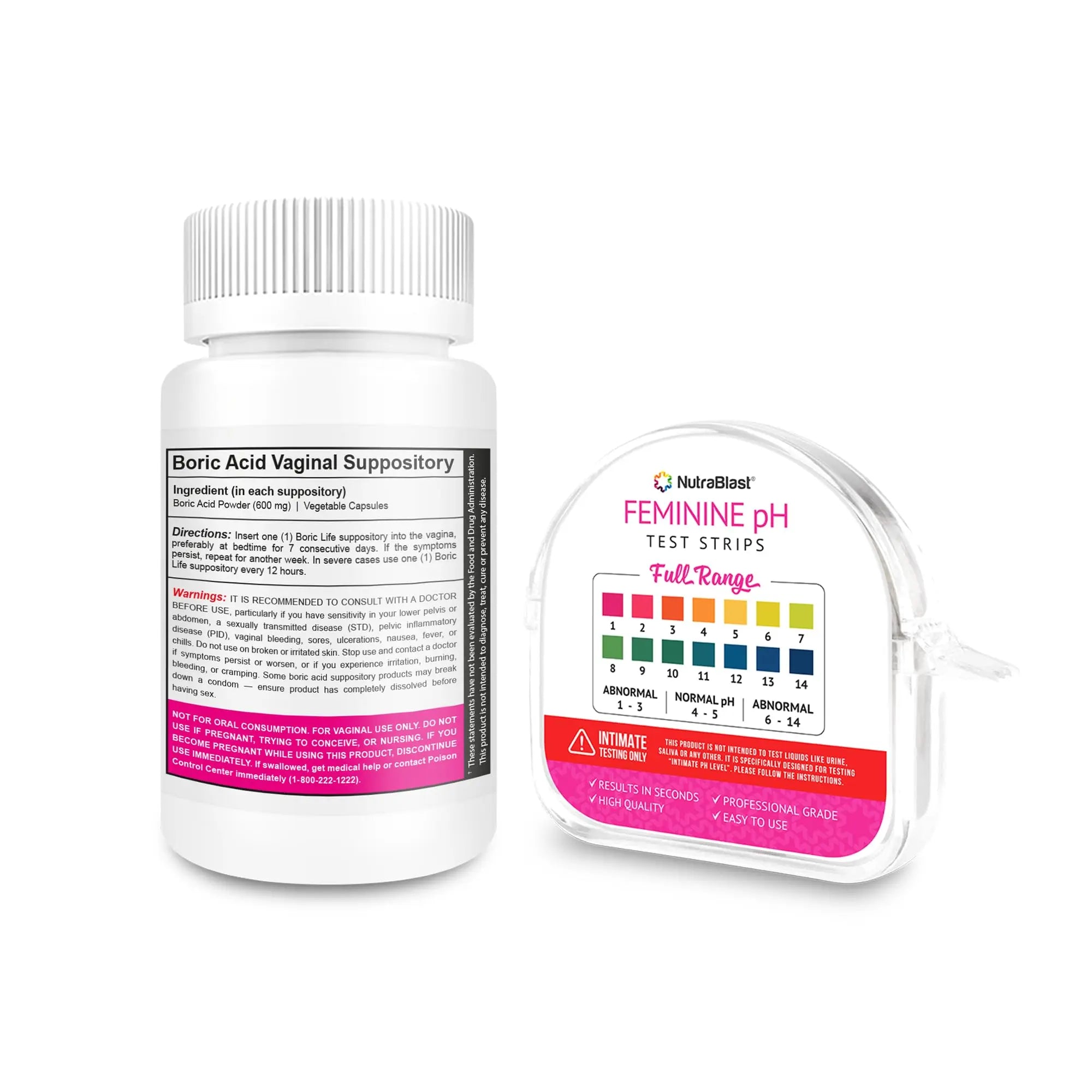NutraBlast Boric Acid Vaginal Suppositories 600mg (30 Count) & Feminine pH Test Strips 1-14 (100-Tests Roll) | Monitor Feminine Intimate Health | Acidity & Alkalinity Balance NutraBlast Au supplements