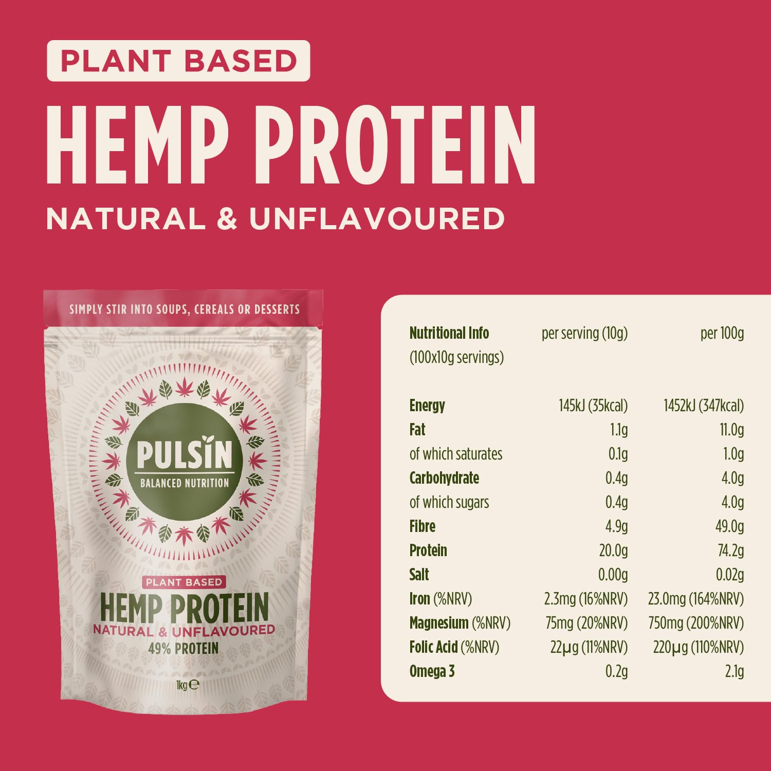 Pulsin - Natural Unflavoured Vegan Hemp Protein Powder - 1kg - 4.9g Protein, 0.4g Carbs, 35 Kcal Per Serving Pulsin Au supplements