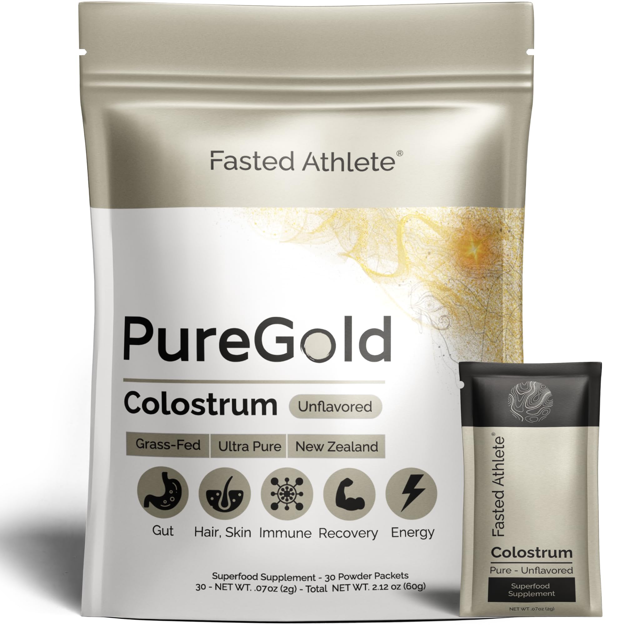 PureGold - Bovine Colostrum Powder - 100% Pure New Zealand Grass Fed, Supports Gut Health, Skin, Hair, & Immunity – Colostrum Supplement, Unflavored, 30 Travel Packets Fasted Athlete Au supplements