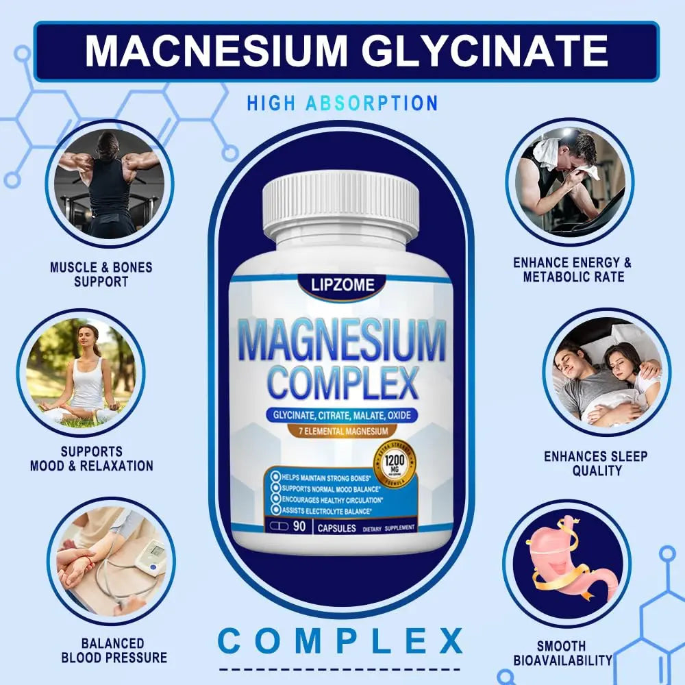 Magnesium Complex Supplement 1200mg - Advanced 7-in-1 Magnesium Blend - Glycinate, Citrate, Malate, Taurate, Oxide, Aspartate, Orotate – High Absorption Formula – Non-GMO, 90 Capsules Lipzome Au supplements
