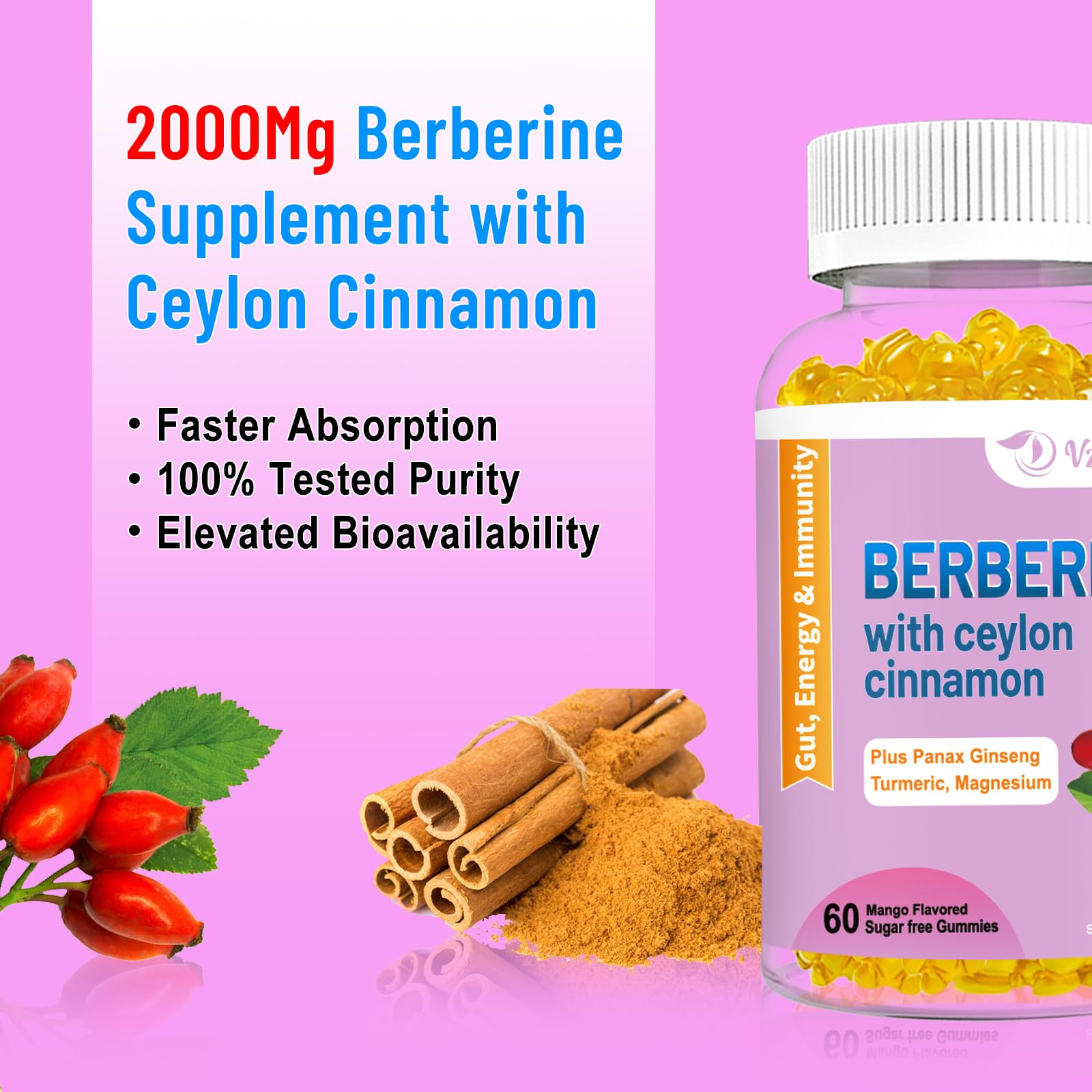 2 Pack Berberine with Ceylon Cinnamon Gummies, 2000mg High Potency Berberine HCI VZOXAINS Au supplements
