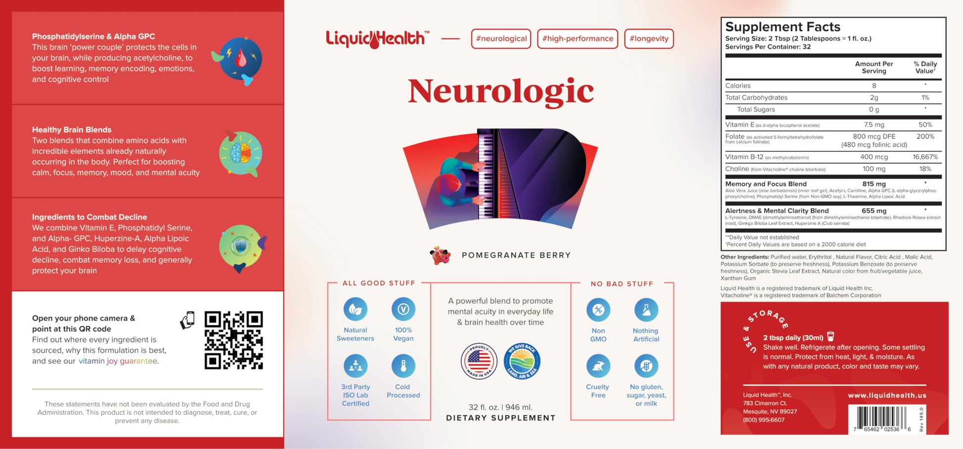 LIQUIDHEALTH Neurologic Focus Supplement - Brain Booster Nootropic Supplement for Cognitive Function, Memory & Focus with Ginkgo Biloba, Choline, L-Theanine & Phosphatidylserine - USA Made (2 Pack) LIQUIDHEALTH Au supplements