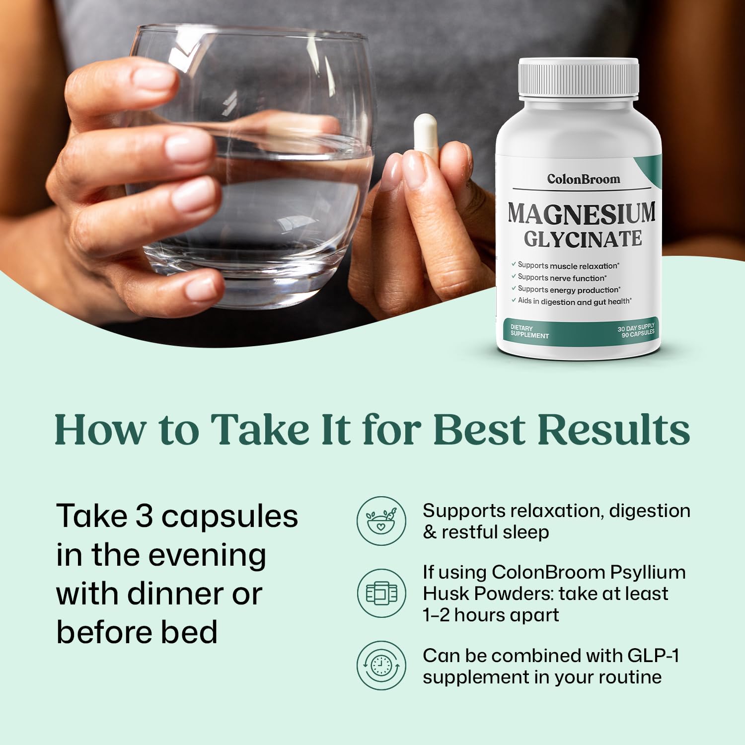 ColonBroom Pure Magnesium Glycinate Capsules | Supplement for Sleep, Heart & Muscle Support | Non-GMO, Gluten Free, Vegan & Sugar-Free | 1 Month Supply (90 Capsules) ColonBroom Au supplements