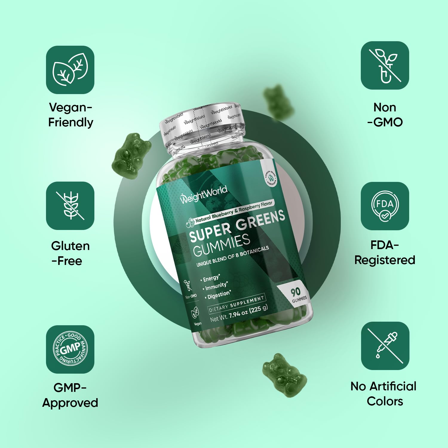 WeightWorld Super Greens Gummies - Energy, Immunity & Digestion - 45-Day Supply - Vegan Daily Greens Supplements (Moringa, Broccoli, Spinach) - Added Vitamins & Minerals - 90 Superfood Gummies WeightWorld Au supplements
