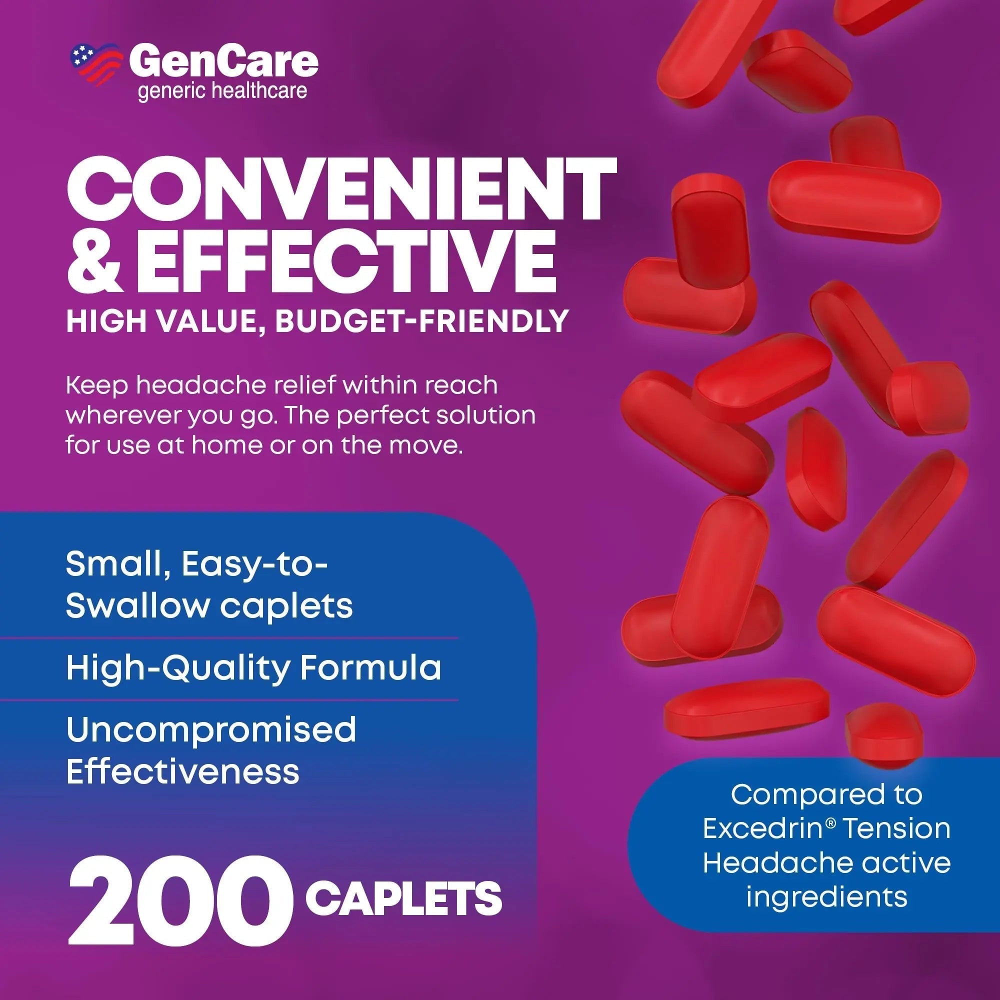 GenCare - Tension Headache Relief Pain Reliever with Acetaminophen 500 mg & Caffeine 65 mg (200 Caplets) Best Value Bulk Extra Strength for Head, Migraine, Joint Pain & Body Ache Relief Medicine GenCare Au supplements