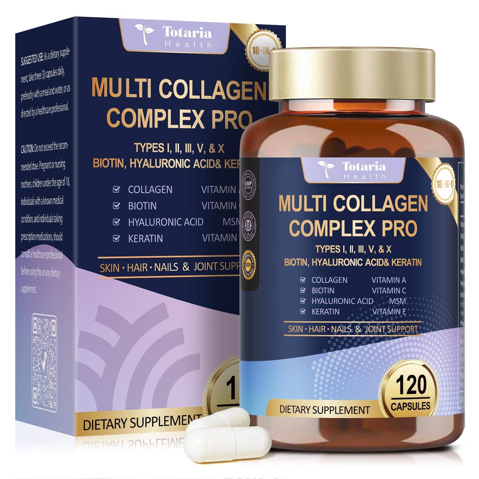 18-in-1 Collagen Pro with Hyaluronic Acid, Keratin, Biotin, VIT A C & E for Skin, Hair, Nails, Joint & Beauty - Multi Collagen Peptides Capsules with Type I II III V & X for Women & Men - 120 Caps Totaria Au supplements