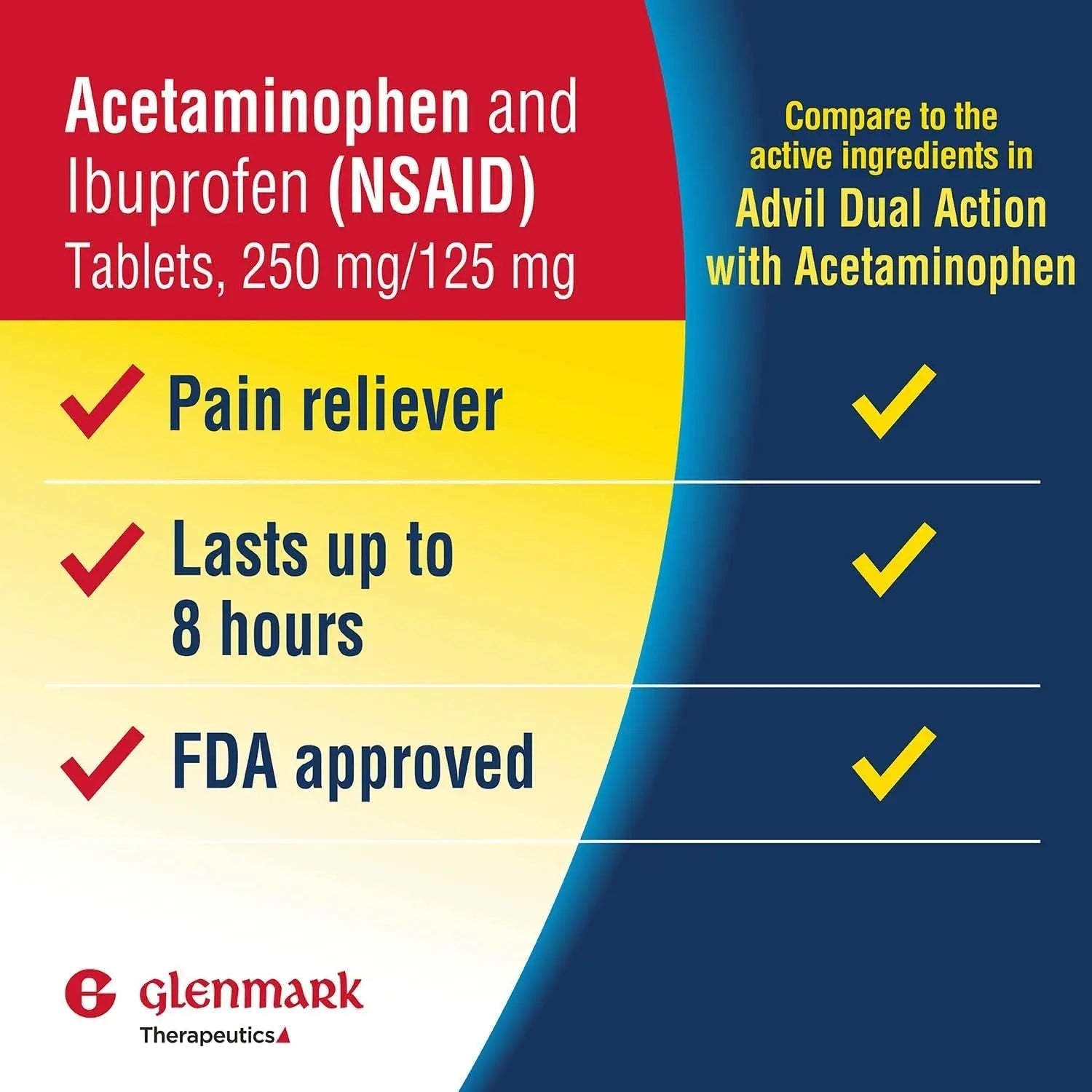 Dual Action Acetaminophen 250mg and Ibuprofen 125mg Caplets, Up to 8h of Pain Relief for Minor Aches and Pain, Headaches, Toothache, Backache, Menstrual Cramps, Minor Arthritis Pain, 216 Count Glenmark Therapeutics Au supplements