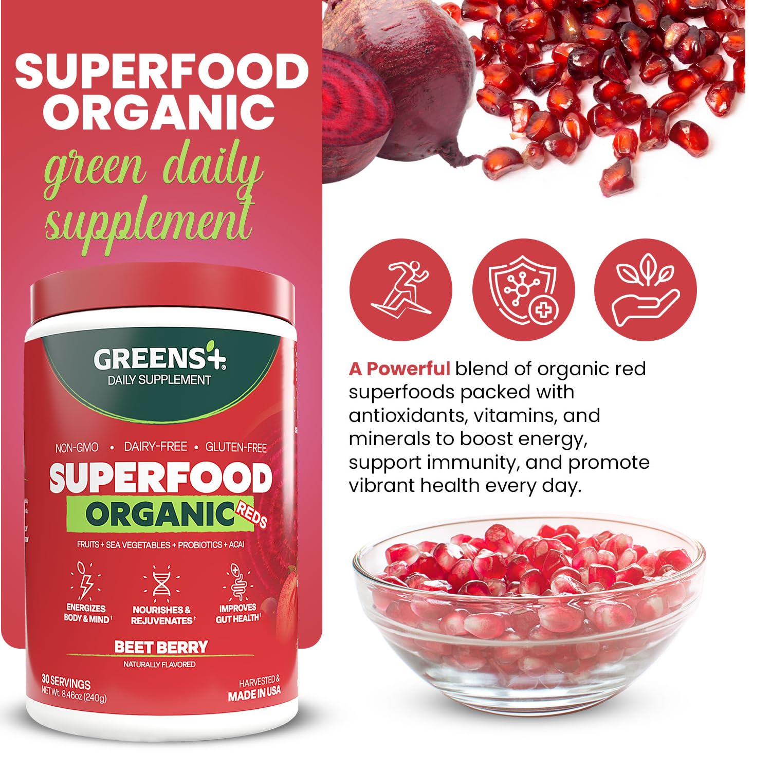 Greens+ Organic Reds Superfood Powder, Antioxidant, Polyphenol, Blend for Morning Kick, Energy, Vitality Boost, Nutrition, Vibrant Health, Vegan Soy/Dairy/Gluten Free(8.46oz) Greens+ Au supplements