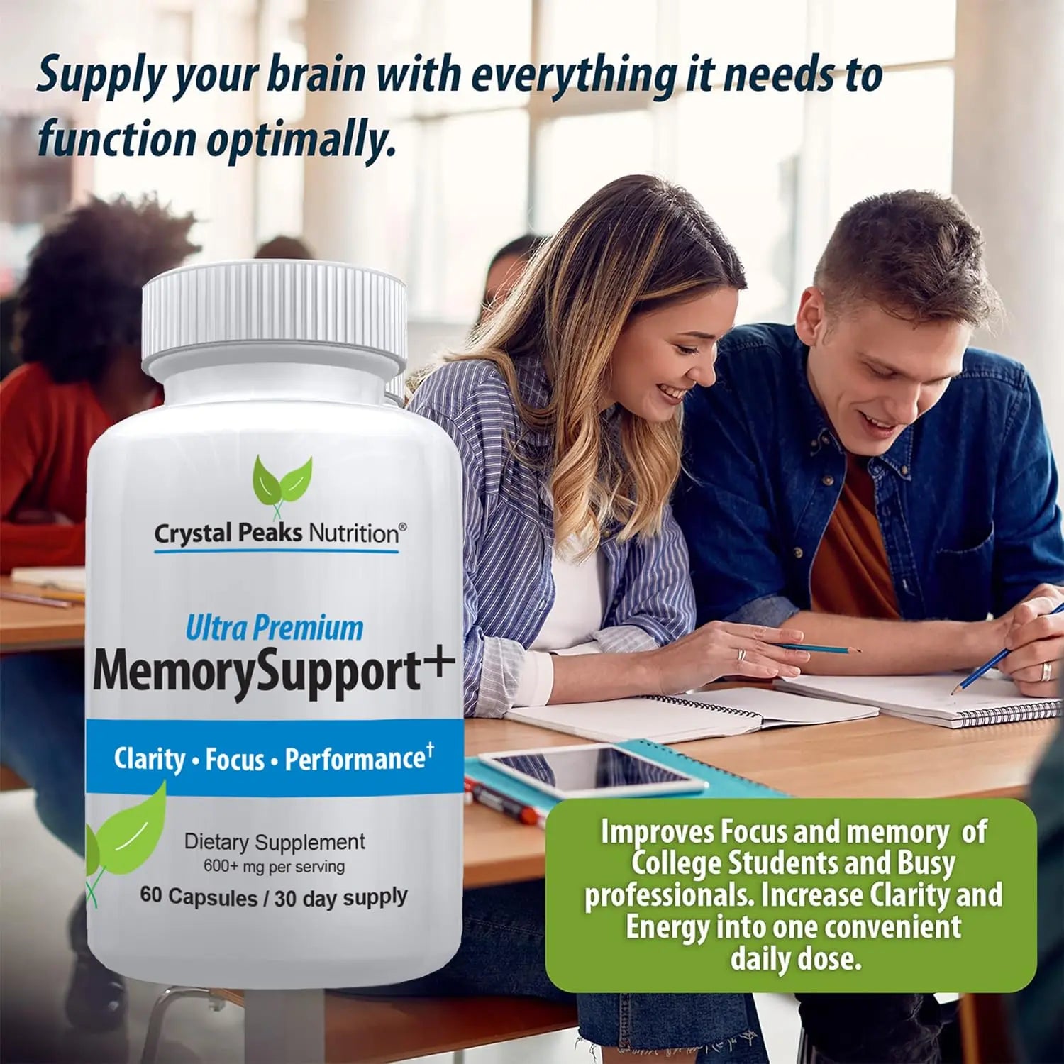 Memory Boost + Brain Support Supplement – Nootropic for Focus, Concentration, Memory. Enhanced Energy, Recall and Alertness - 60 Capsules/30-day Supply. CRYSTAL PEAKS NUTRITION Au supplements