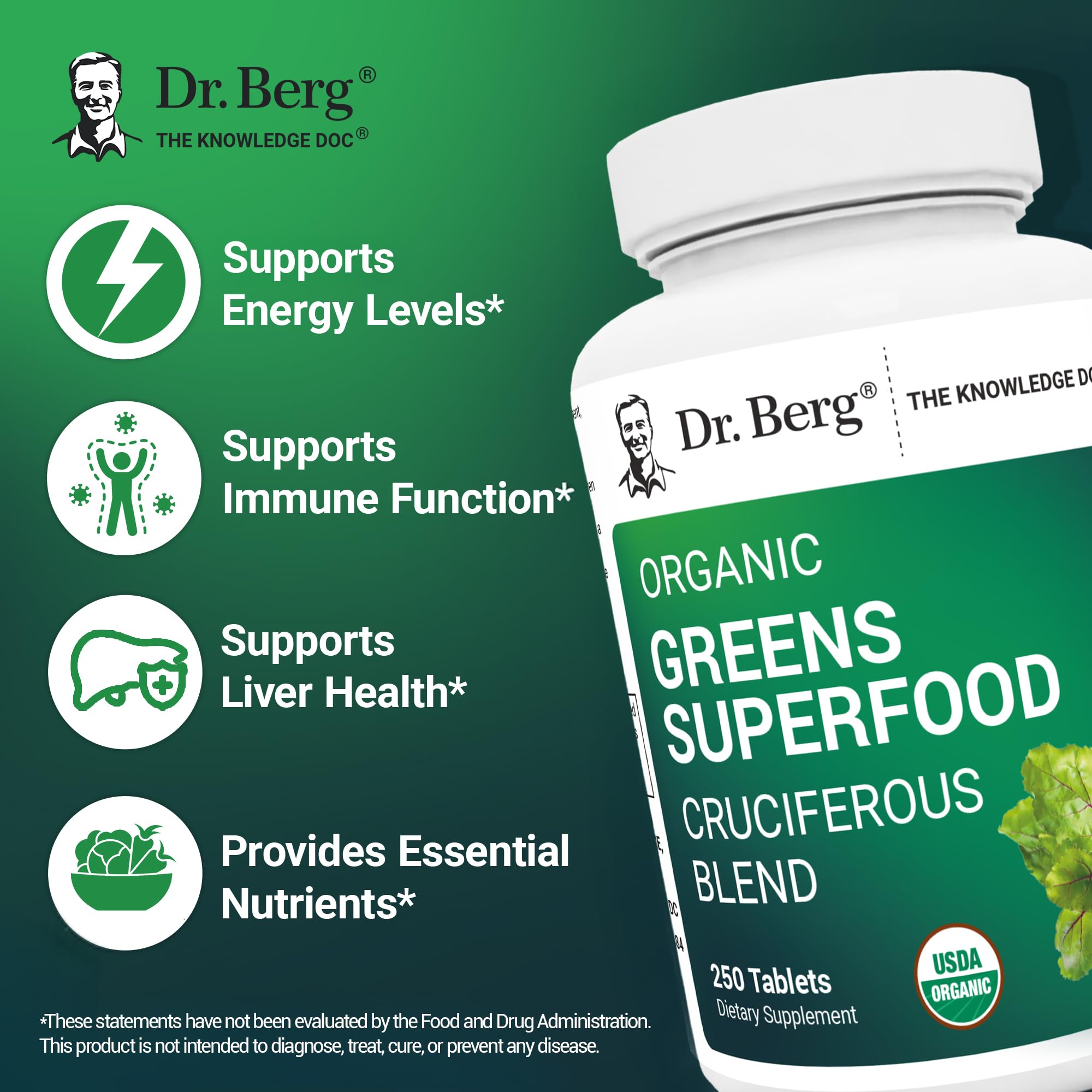 Dr. Berg's Greens Superfood Cruciferous Vegetable Tablets - Vegetable Supplements for Adults w/ 11 Phytonutrient Super Greens Tablets - Energy, Immune System & Liver Veggie Tablets - 250 Tablets Dr. Berg Nutritionals Au supplements