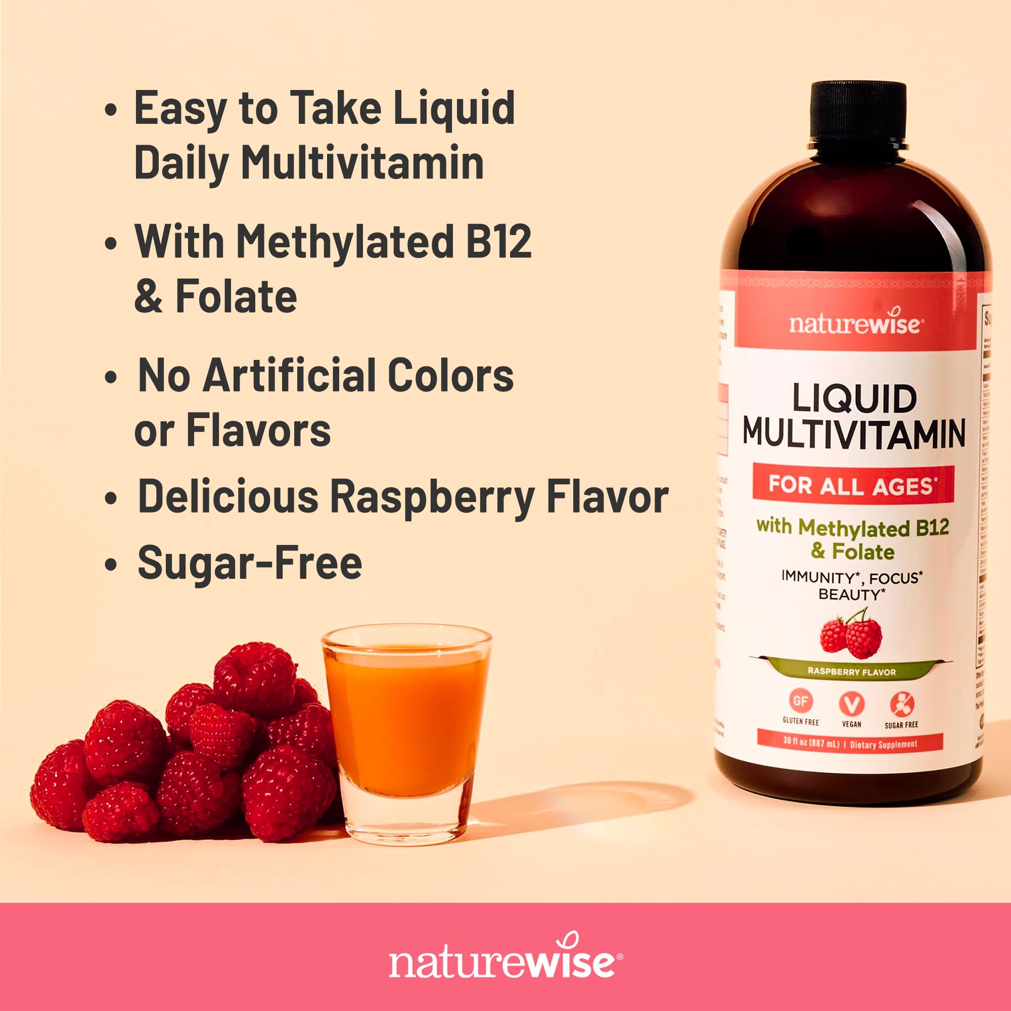 NatureWise Liquid Multivitamin for Women, Men of All Ages - Sugar Free, Vegan - Vitamins for Energy Levels, Beauty, Immune Health with Methylated B12 & Folate - Non-GMO - 30 fl oz(887 mL) NatureWise Au supplements