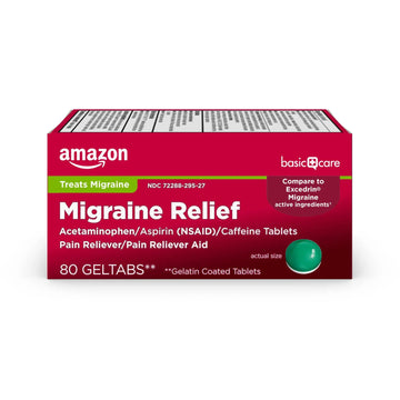 Amazon Basic Care Migraine Relief Geltabs, Pain Reliever, Acetaminophen 250 mg, Aspirin 250 mg (NSAID) and Caffeine 65 mg, Headache Relief, 80 Count Amazon Basic Care Au supplements