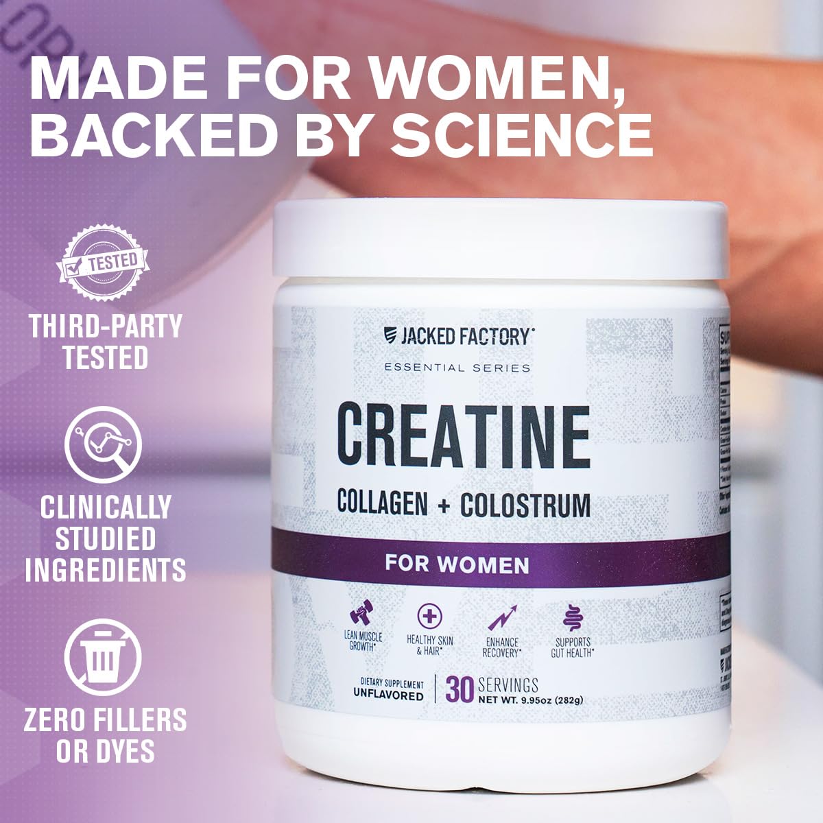 Jacked Factory Creatine for Women - Creatine Monohydrate with Collagen + Colostrum to Support Workout Performance, Lean Muscle Growth, Healthy Hair, Skin, & Nails - 30 Servings, Unflavored Jacked Factory Au supplements
