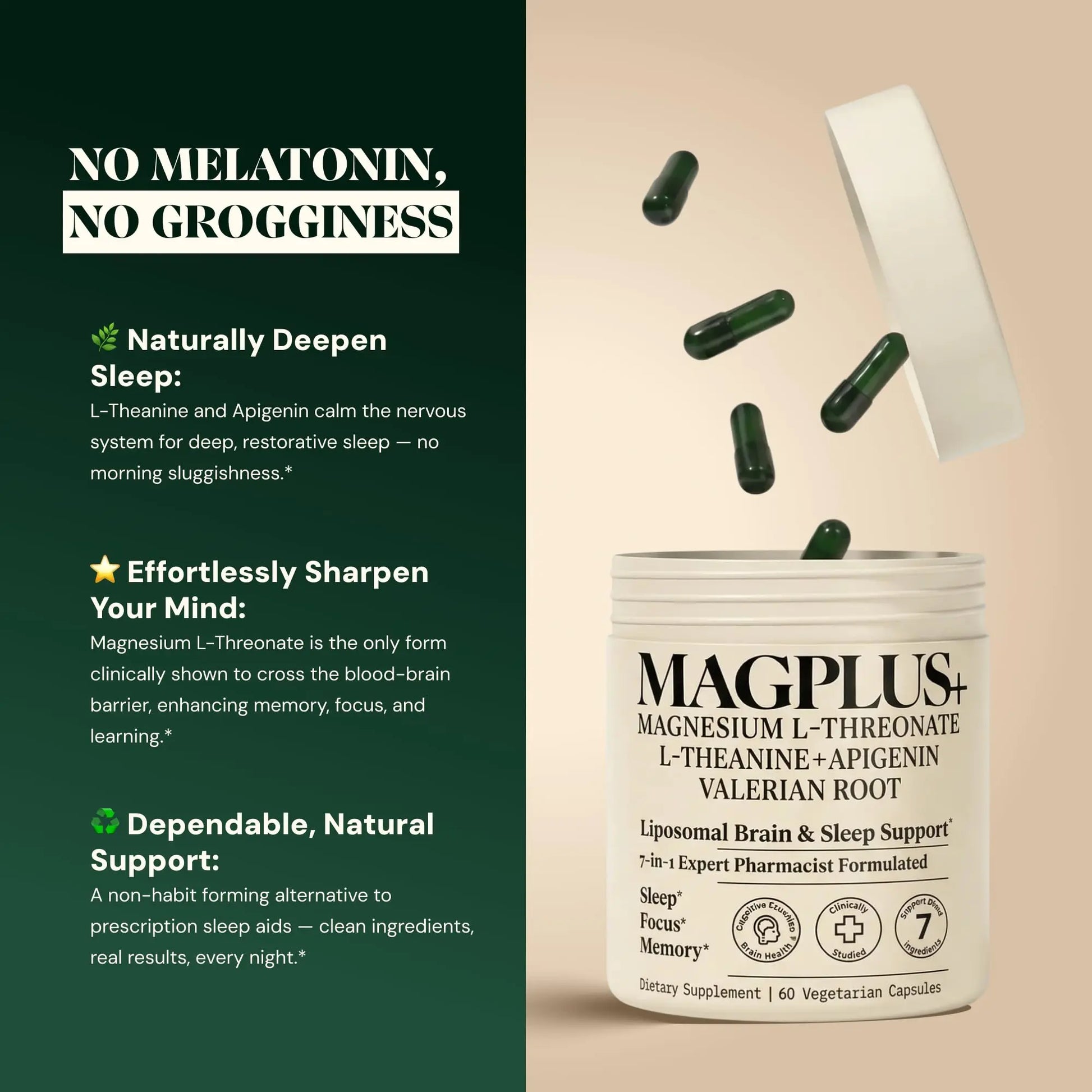 Magnesium L-Threonate with Apigenin, Valerian Root & L-Theanine – No Melatonin Restful Sleep & Brain Supplement – Clinically Studied 7-Ingredient Formula – Memory & Focus – 60 Capsules Plus+Ultra Au supplements