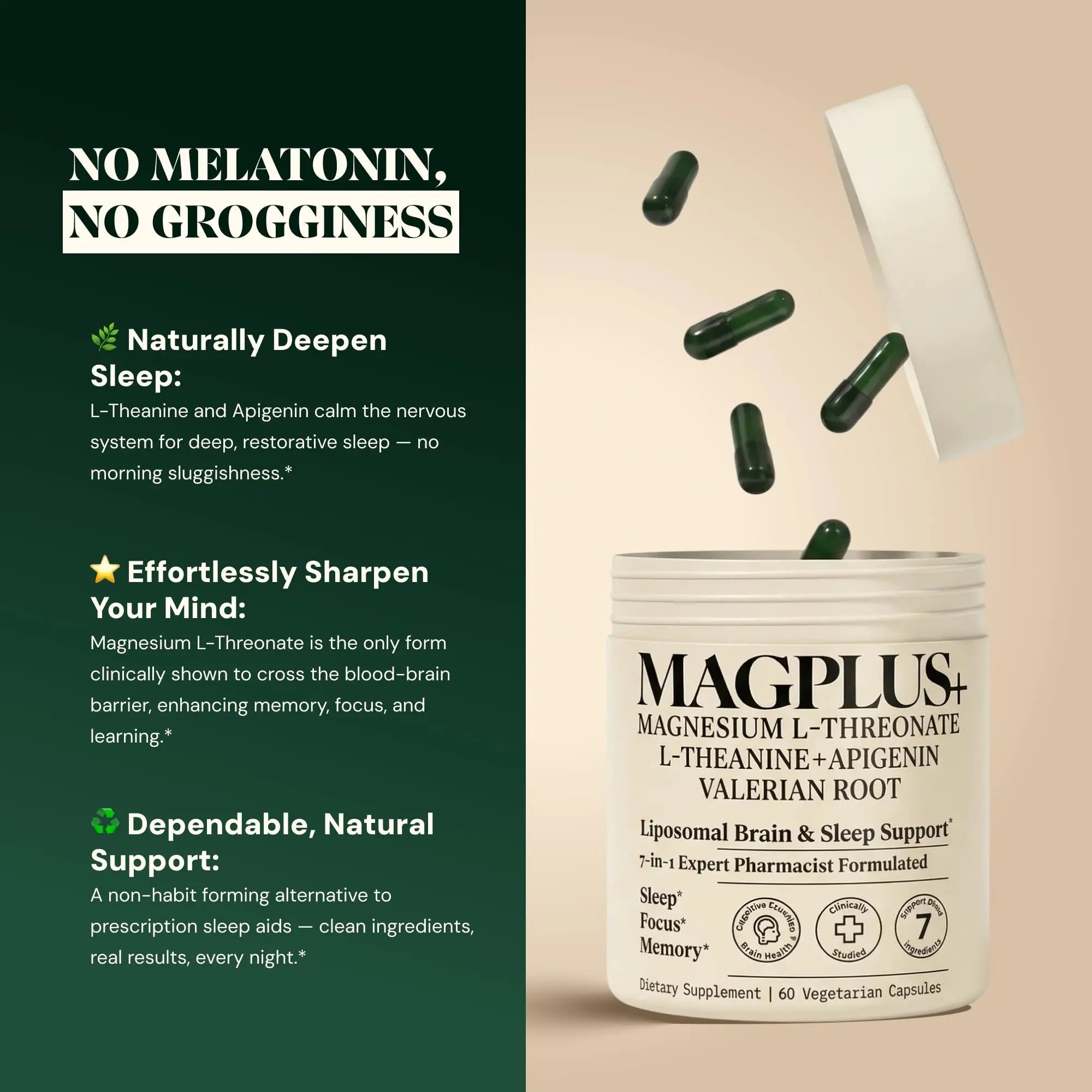 Magnesium L-Threonate with Apigenin, Valerian Root & L-Theanine – No Melatonin Restful Sleep & Brain Supplement – Clinically Studied 7-Ingredient Formula – Memory & Focus – 60 Capsules Plus+Ultra Au supplements