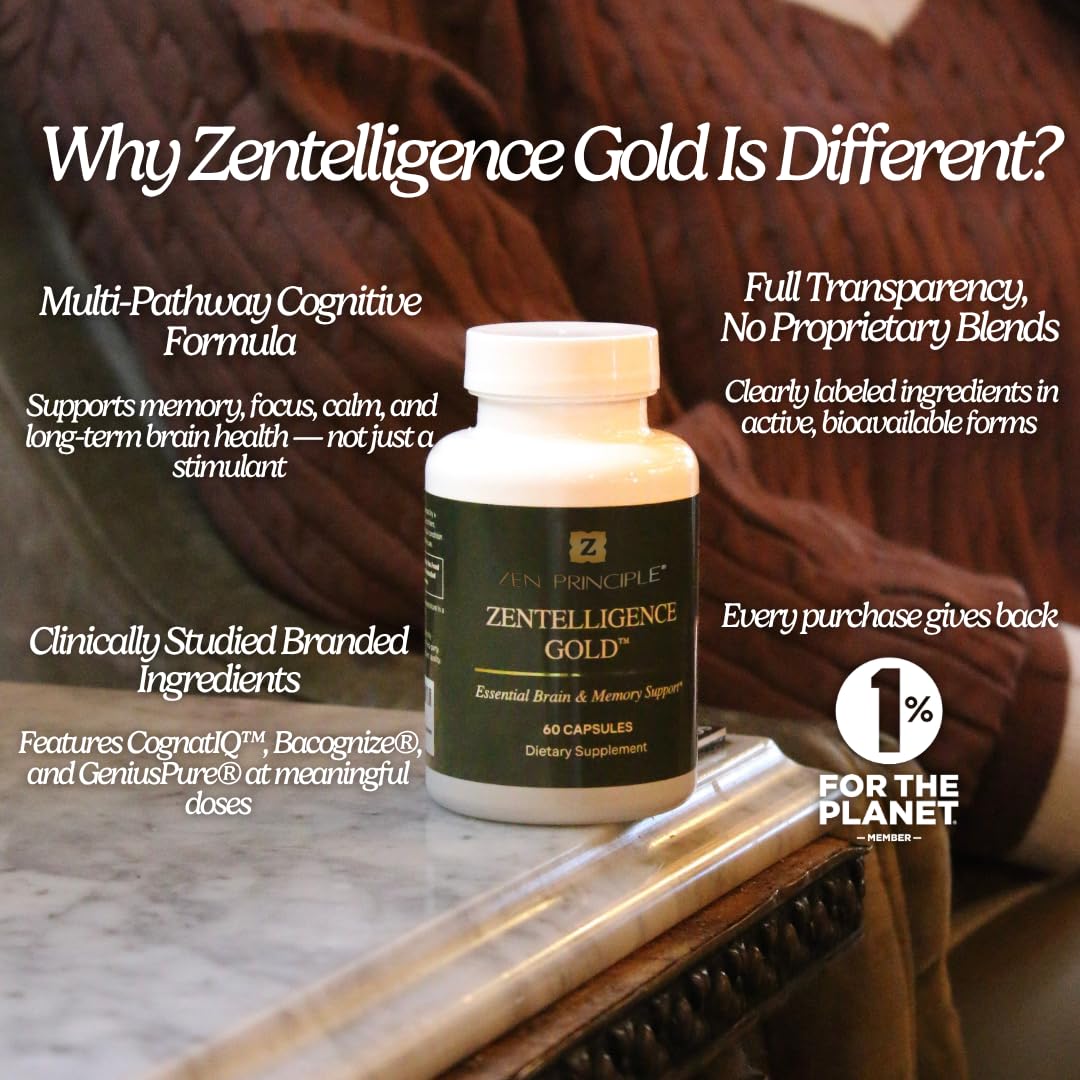 Zen Principle Zentelligence™ Gold Brain Supplement – Memory, Focus & Mental Clarity. Premium Cognitive Support for Adults 40+ with Magnesium, Vitamin D3, CoQ10, Vitamin B12 & L-Theanine. 60 Capsules Zen Principle Au supplements