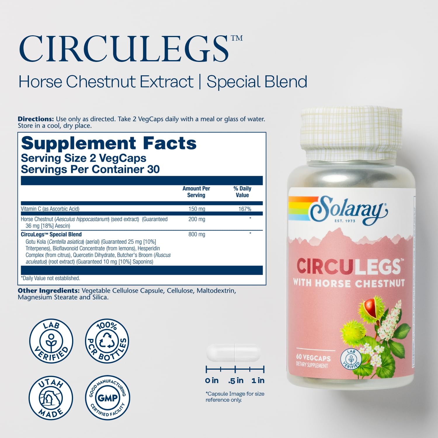 SOLARAY Circulegs - Herbal Supplements for Wellness Support w/Horse Chestnut Extract and Vitamin C, Plus Gotu Kola, Flavonoids, Hesperidin Blend - Vegan, Gluten Free, 60-Day Guarantee - 30 Servings SOLARAY Au supplements
