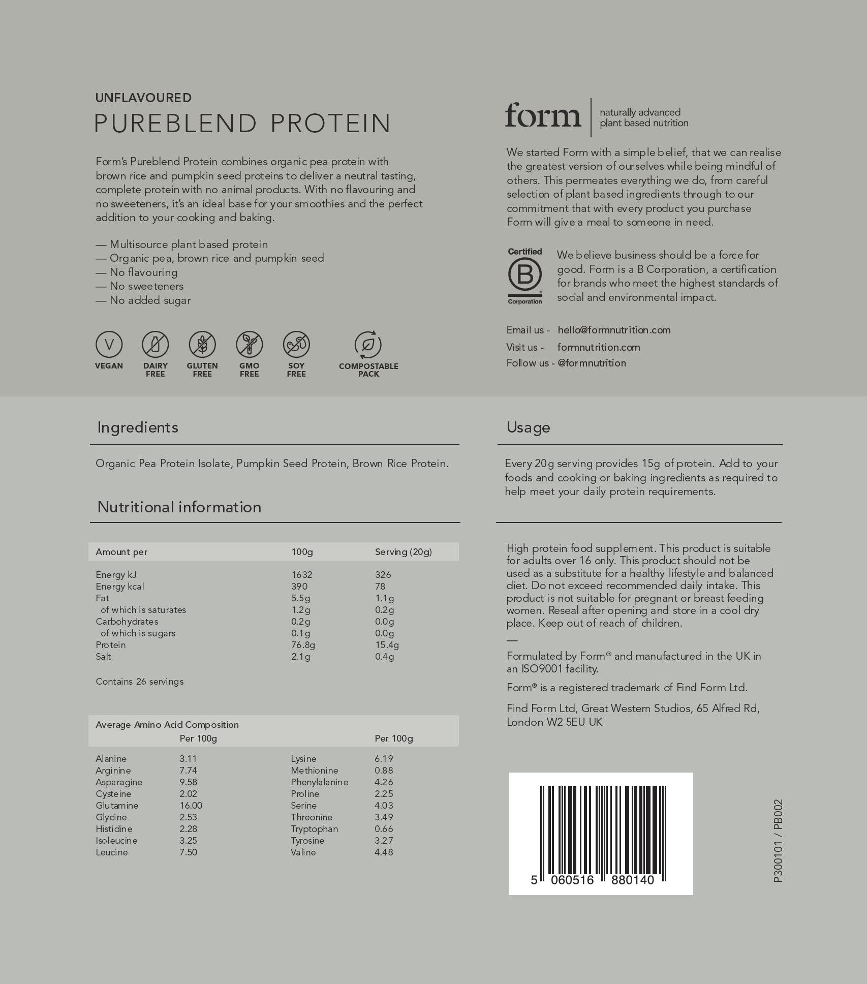 Form Pureblend Protein - Unflavoured and Unsweetened Vegan Protein Powder Form Au supplements