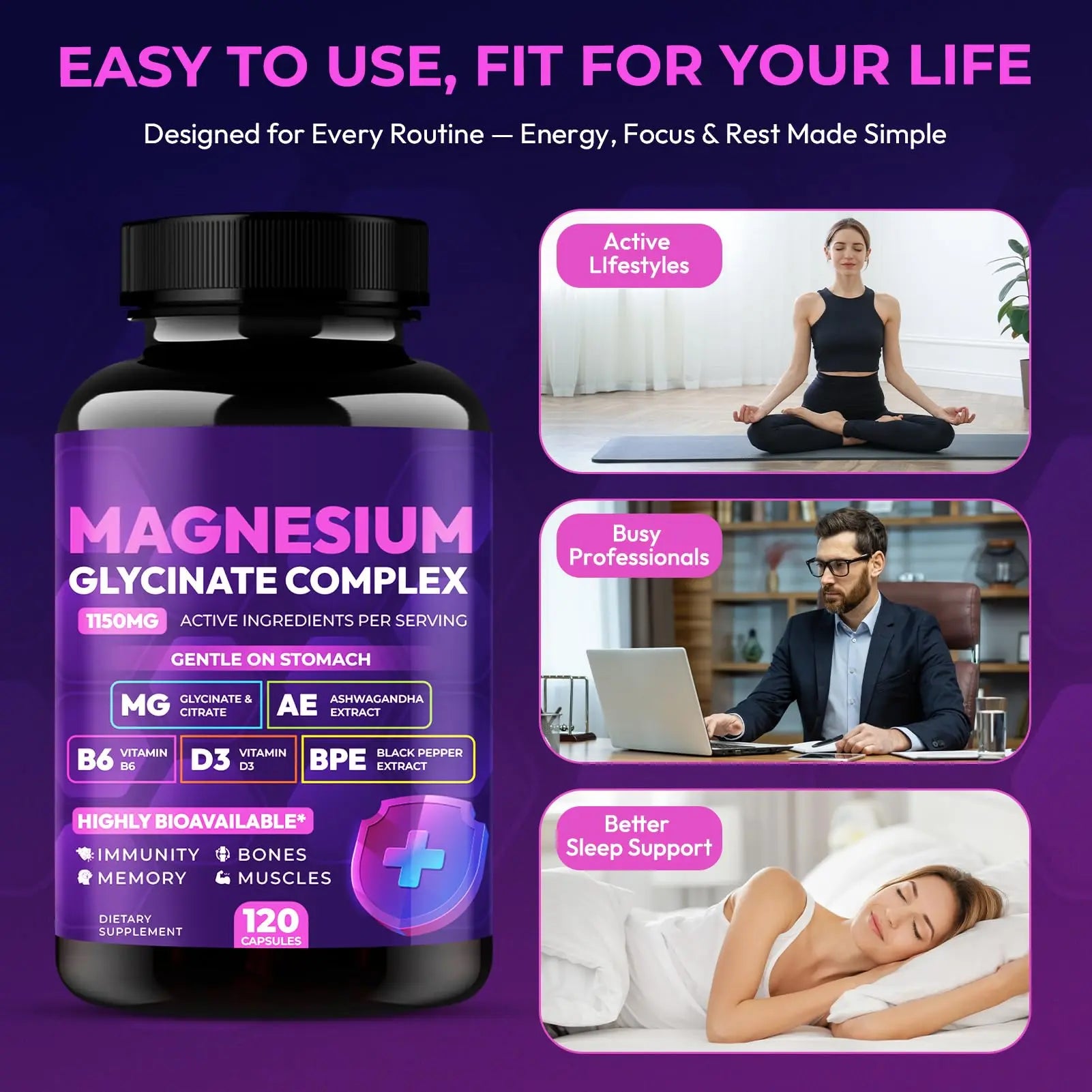 Magnesium Glycinate Complex 1150mg - Gentle on Stomach High Absorption Magnesium Capsules with Citrate, Silica, Ashwagandha & Vitamin B6 for Zzz, Stress Relief, Muscle Support for Adults, Women & Men Cytona Au supplements