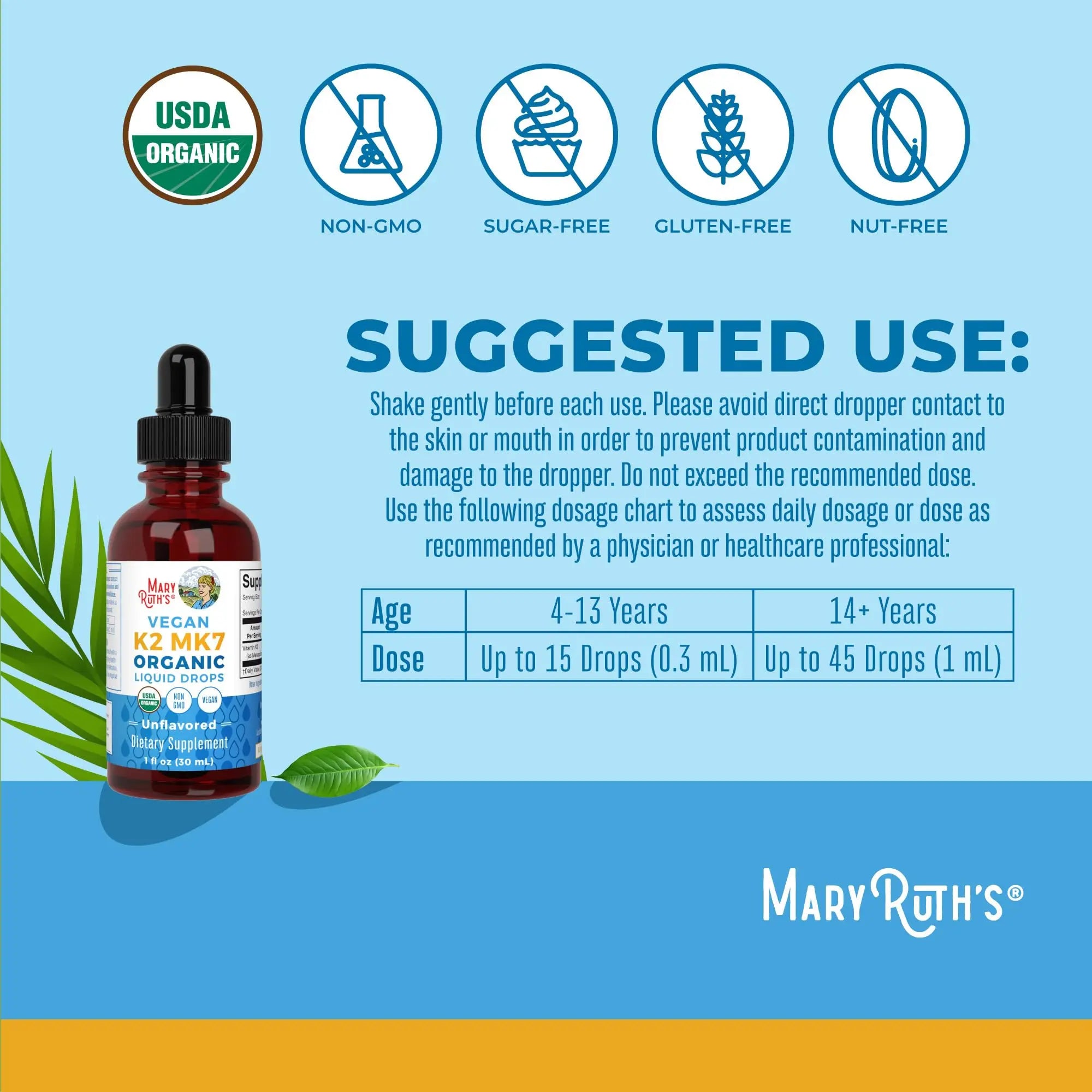 MaryRuth’s USDA Organic Vitamin K2 MK7 Liquid Drops for Adults & Kids | Sourced from Natto | Menaquinone- 7 | Vegan K2 Vitamin for Bone Health & Calcium Absorption | 1oz | Up to 90 Servings MARYRUTH'S Au supplements