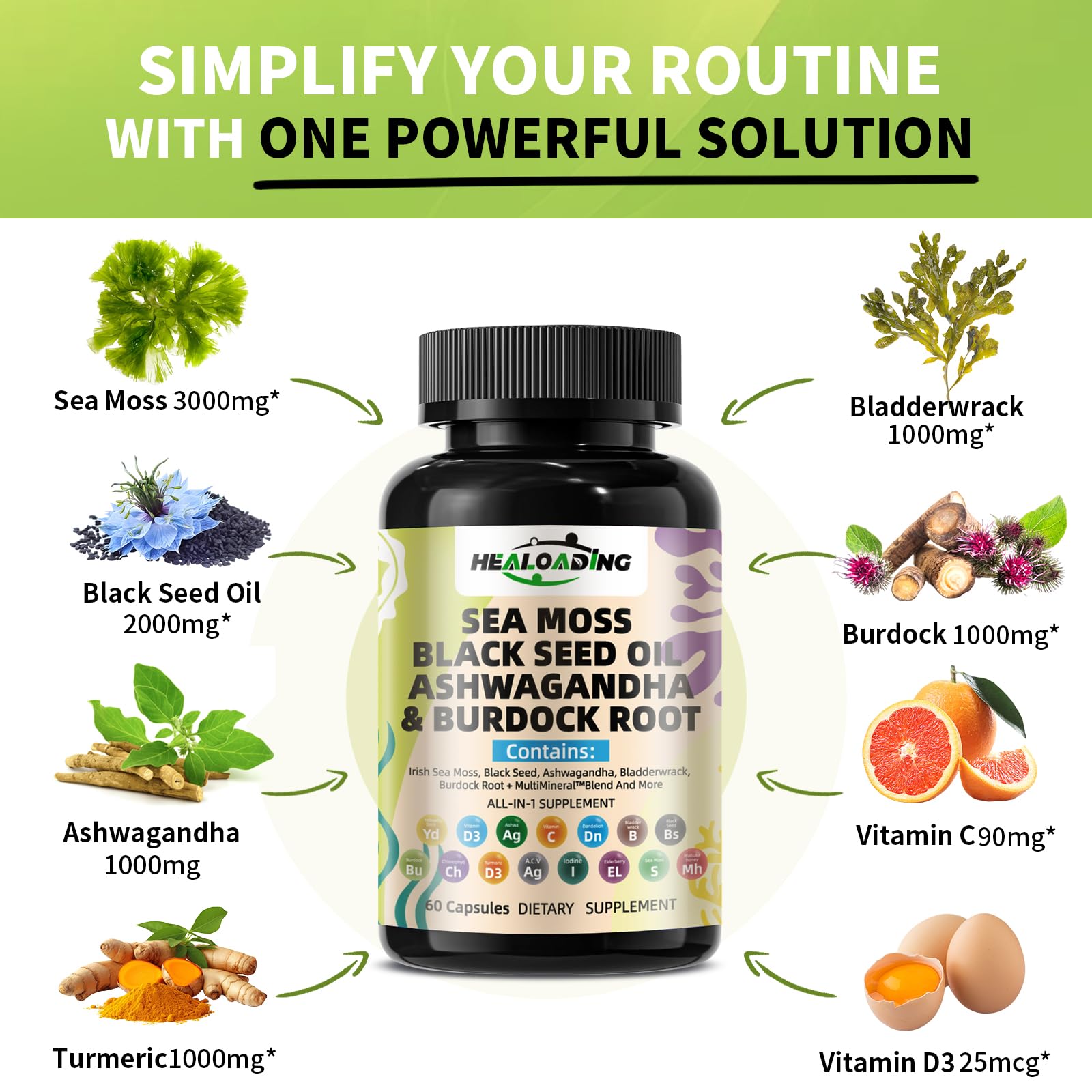 HEALOADING Sea Moss Capsules：Wildcrafted Organic Irish Seamoss & Bladderwack - Rich in Minerals, Supports Thyroid Health, Digestion, Skin & Immune System - Vegan, Non-GMO HEALOADING Au supplements