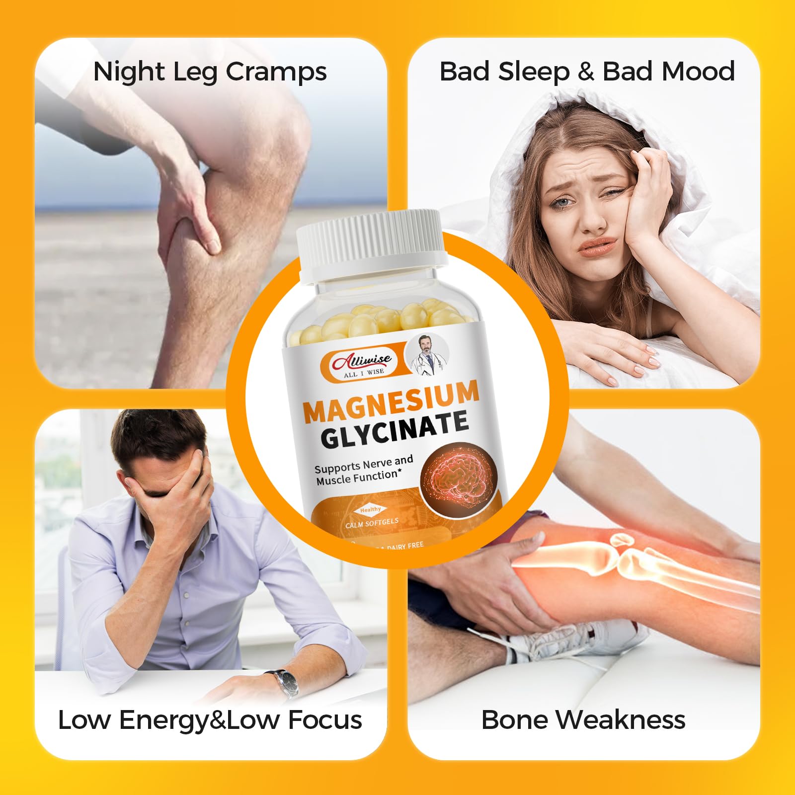 Magnesium Glycinate 400mg Softgels with Vitamin D3 & B6,Small Easy to Swallow Gel Caps,High Absorption, Gentle on Stomach,Supports Sleep, Muscle & Calm,Bone Health,120 Softgels Alliwise Au supplements