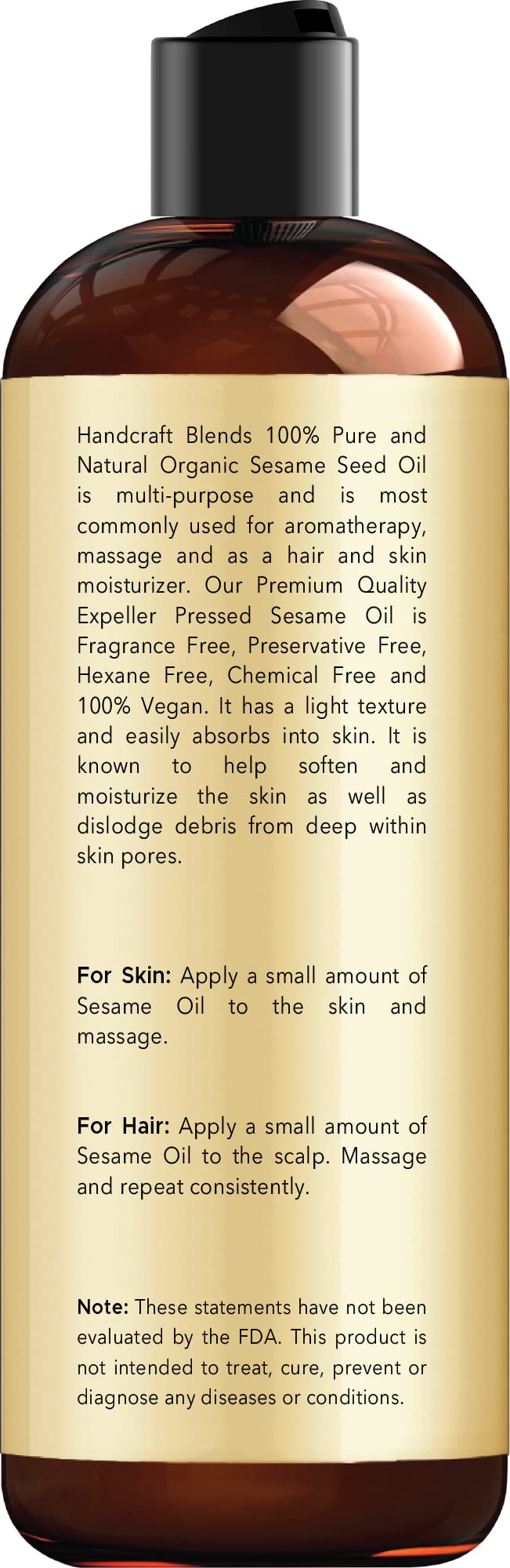 Handcraft Blends Organic Sesame Oil for Skin and Hair 8 oz - 100% Pure and Natural - Premium Handcraft Blends Au supplements