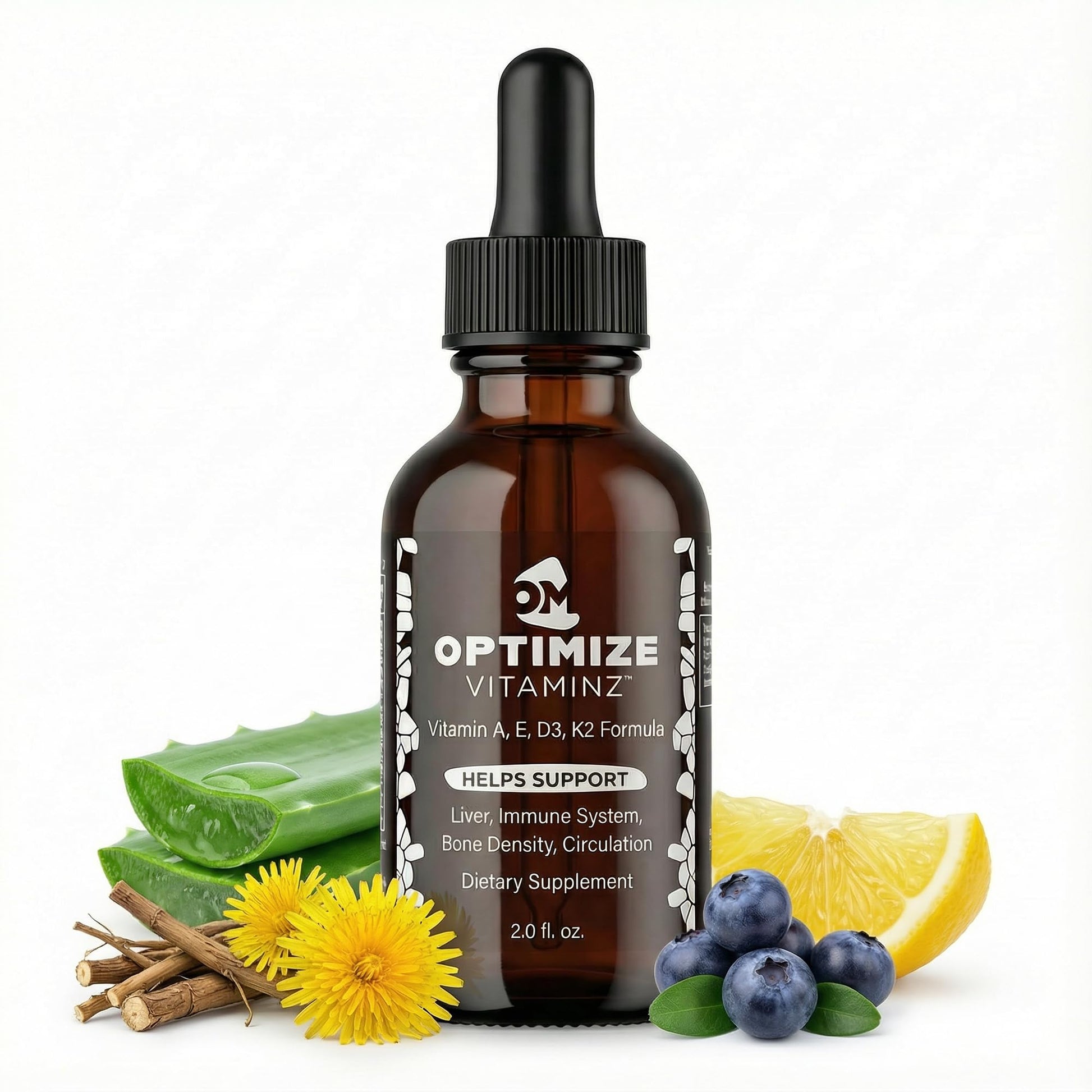 Optimize Vitaminz Liquid Vitamin D3 K2 Drops with Dandelion Root & Bilberry | Immune, Liver & Bone Support, MK-7 Formula, Fast Absorption Liquid Multivitamin, 30 Day Supply, 2 Fl Oz Optimize Minerals Au supplements