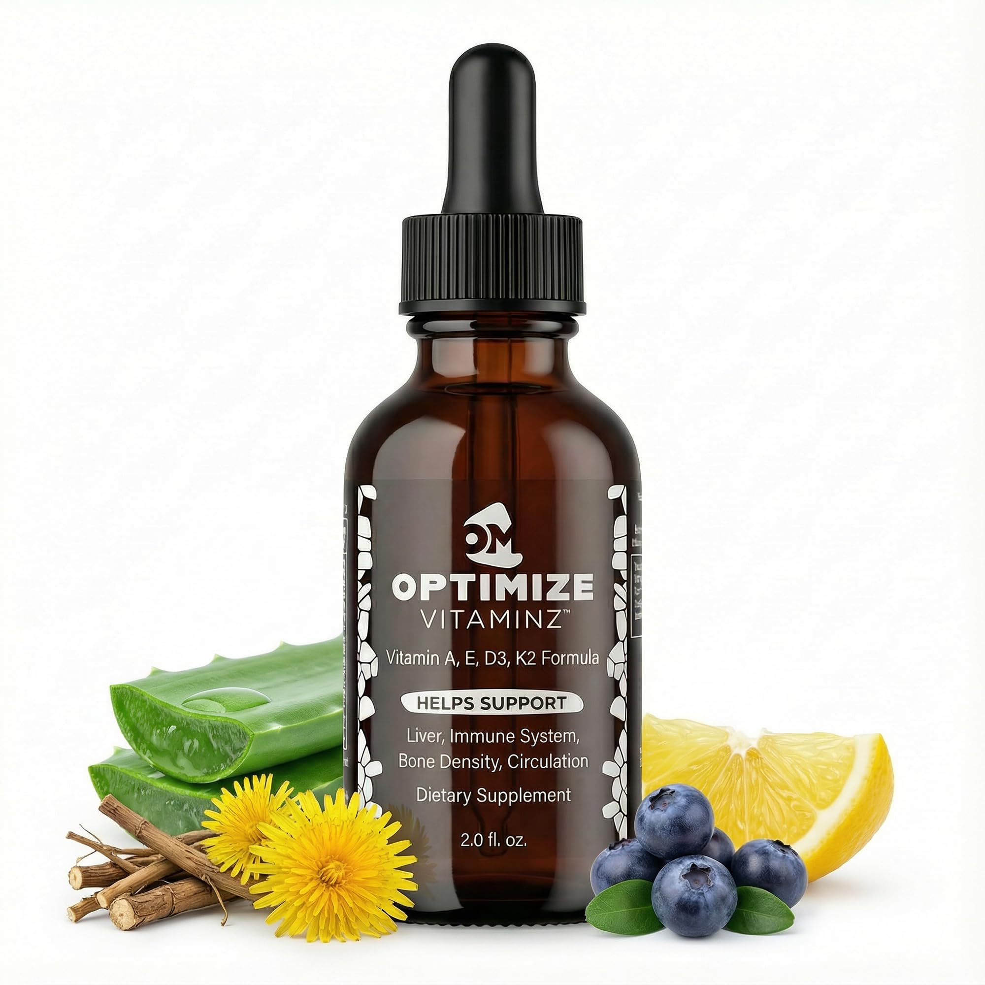 Optimize Vitaminz Liquid Vitamin D3 K2 Drops with Dandelion Root & Bilberry | Immune, Liver & Bone Support, MK-7 Formula, Fast Absorption Liquid Multivitamin, 30 Day Supply, 2 Fl Oz Optimize Minerals Au supplements