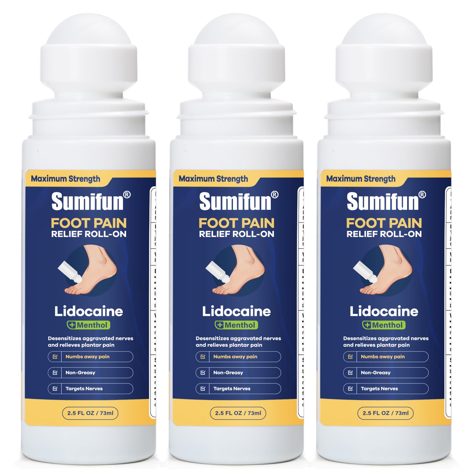 Sumifun Foot Pain Relief Lidocaine Roll-On - Maximum Strength OTC for Plantar Fasciitis & Heel Pain - Fast-Drying, Non-Greasy Formula, 2.5 Fl Oz * 3 Sumifun Au supplements