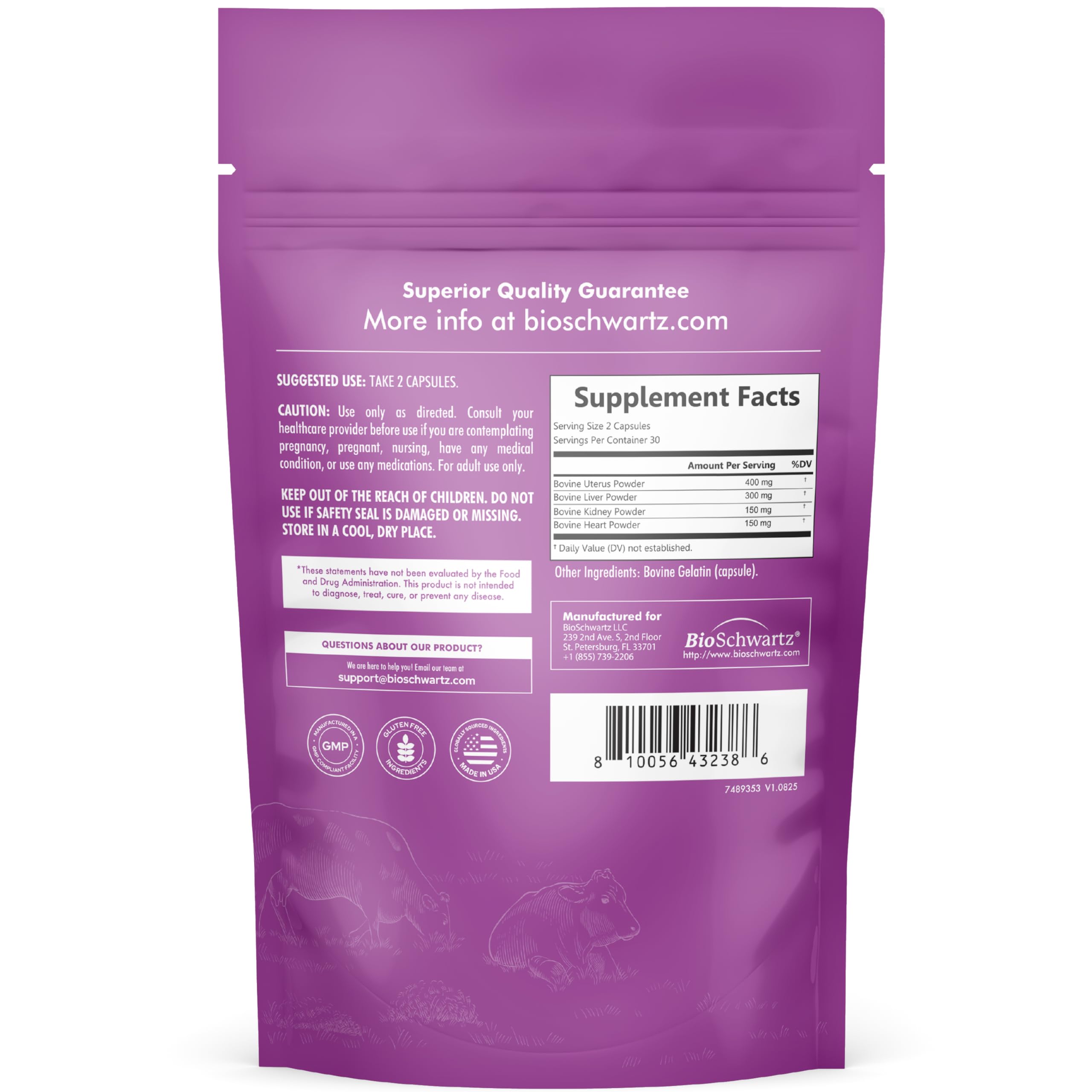 BioSchwartz Primal Beef Organ Supplement for Women - 60 Capsules - Grass-Fed & Pasture-Raised - Supports Healthy Hair Skin and Nails, Hormone Balance - with Bovine Liver, Kidney, Heart, Uterus Powder BioSchwartz Au supplements
