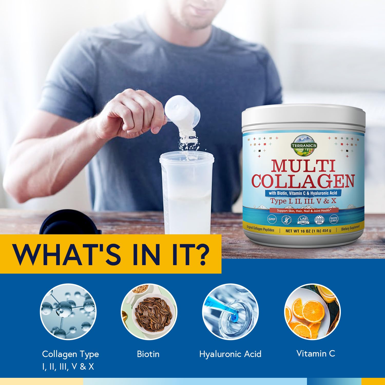 Terranics Multi Collagen Powder Type I II II V X with Biotin VC Hyaluronic Acid, Paleo Terranics Au supplements