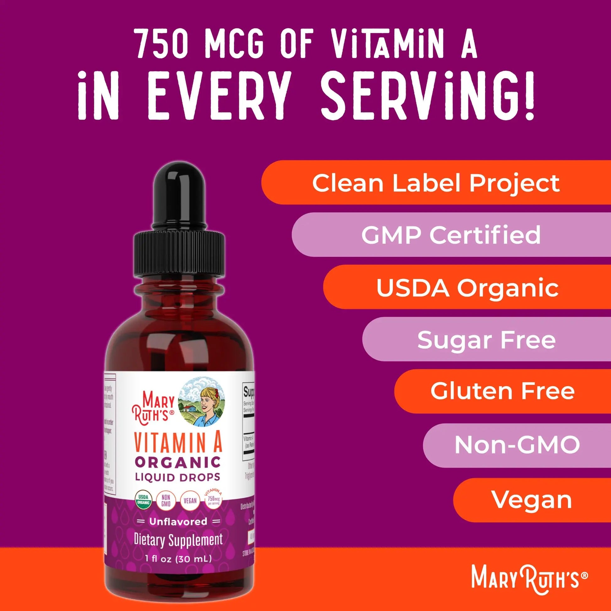 MaryRuth Organics USDA Organic Vitamin A Liquid Drops | 3 Month Supply | Bone Health for Ages 14+ | Essential Vitamin | 750mcg per Serving | Sugar Free | Vegan | Non-GMO | Gluten Free | 1oz MARYRUTH'S Au supplements