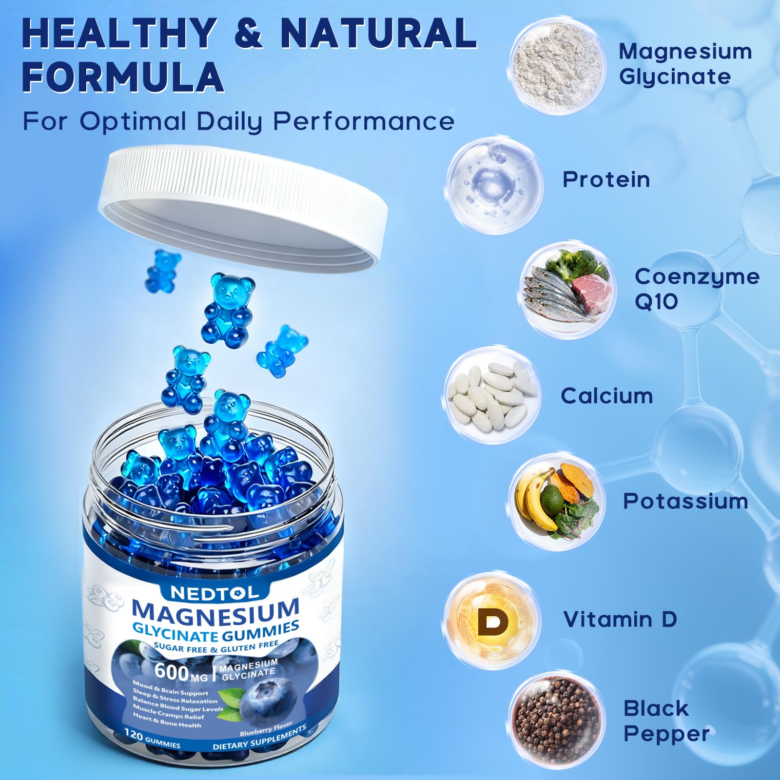 Nedtol Magnesium Glycinate Gummies 600mg, Sugar Free Magnesium Potassium Supplement for Adults with Magnesium L-Threonate, Vitamin D, B6,and CoQ10 for Sleep, Body Support and Relaxation,120 Count Nedtol Au supplements