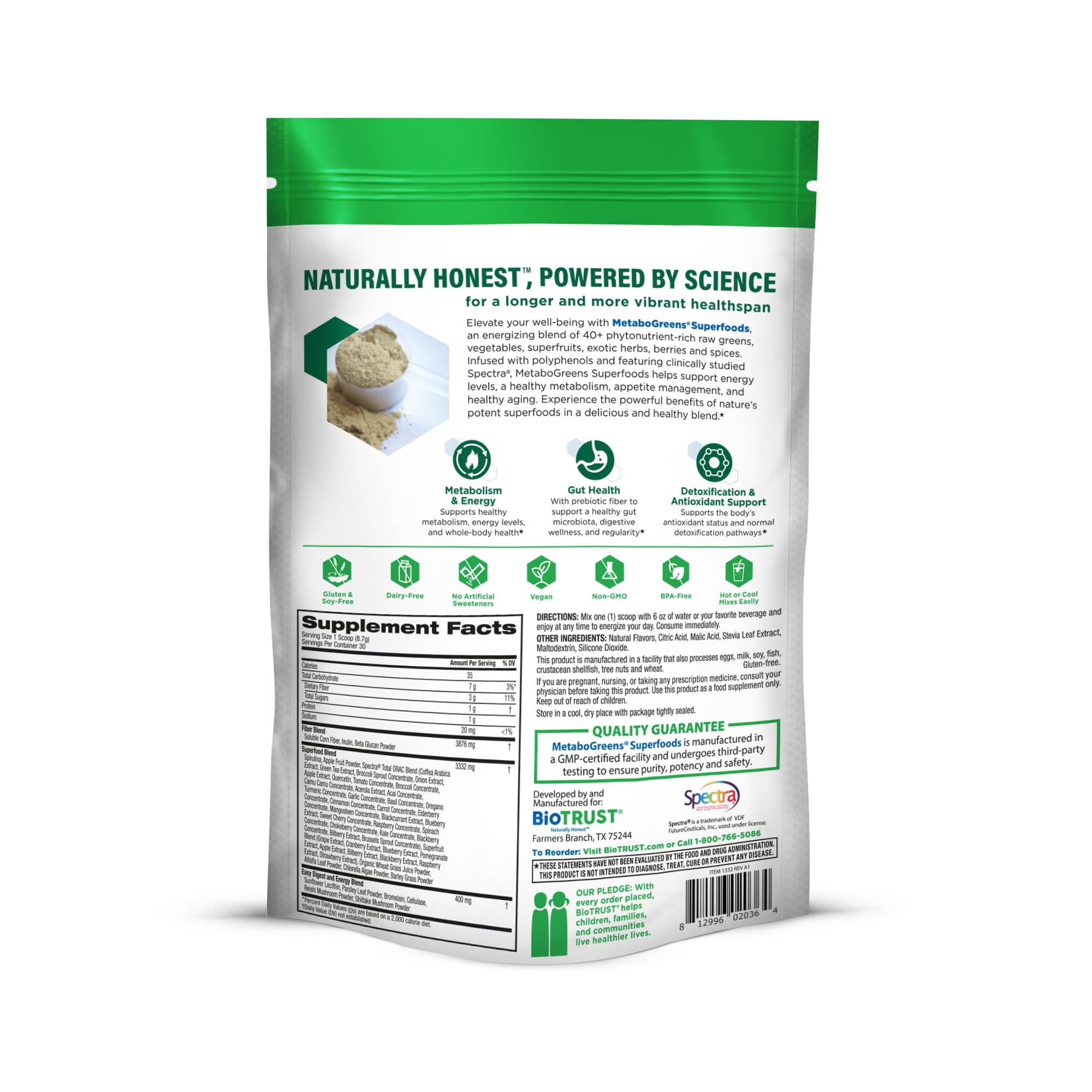 BioTrust Metabo Greens Superfood Powder - Super Greens Powder, Fruit & Veggie Blend with Clinically Studied Spectra - Non GMO, Soy Free, Gluten Free, Dairy Free, Energizing Berry Flavor (30 Servings) BioTrust Au supplements