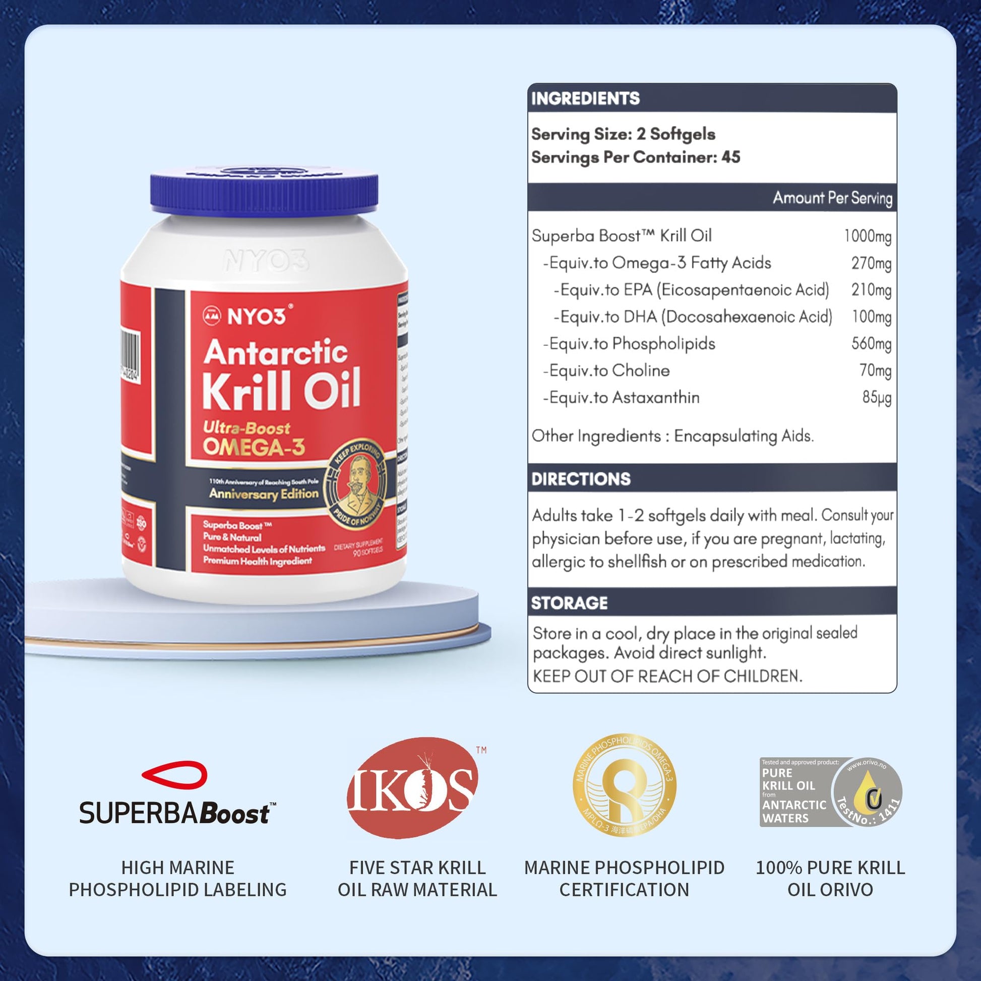 NYO3 Antarctic Krill Oil 1000mg Omega 3 Supplement, EPA & DHA, 90 Softgels Astaxanthin NYO3 Au supplements
