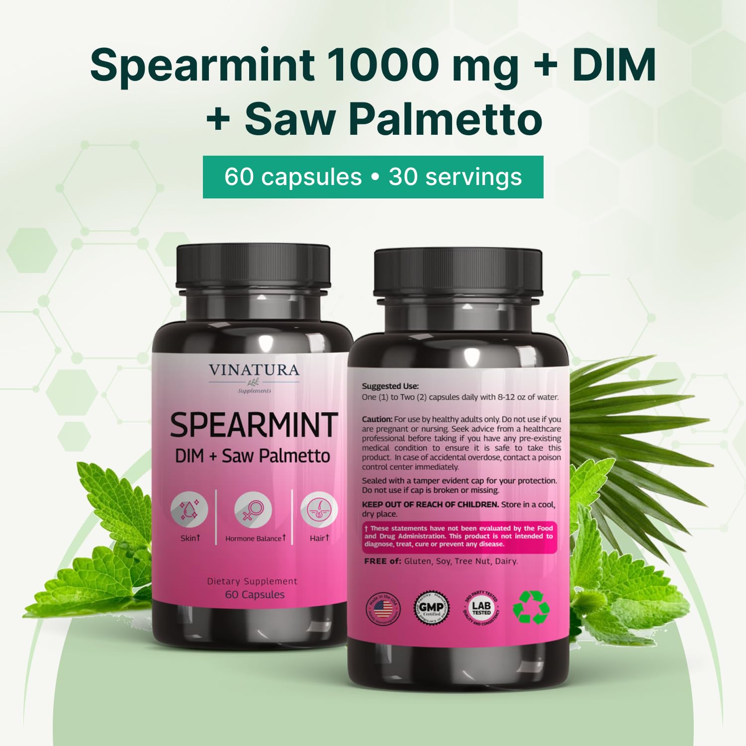 VINATURA Spearmint Leaf Capsules Supplement - Enhanced with DIM & Saw Palmetto, for Unwanted Hair, Women' Health & Skin *USA Made & Tested* - 1380mg/serving, 60 Capsules (30 Servings) VINATURA Au supplements