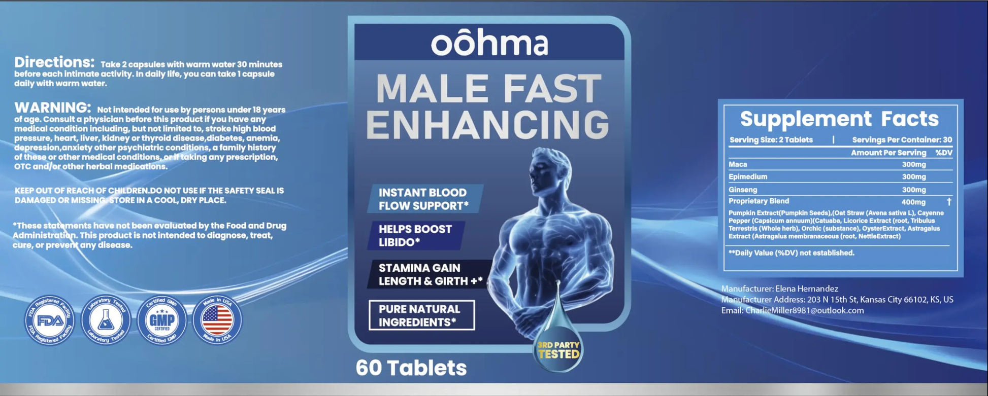 Oohma New Male Enhancing Supplement, Designed to be Fast Acting for Blood Flow to Gain Length & Girth + Stamina, Maca, Epimedium, and Other Natural Ingredients, 3rd Party Tested Supplement 60 Tablets Oohma Au supplements