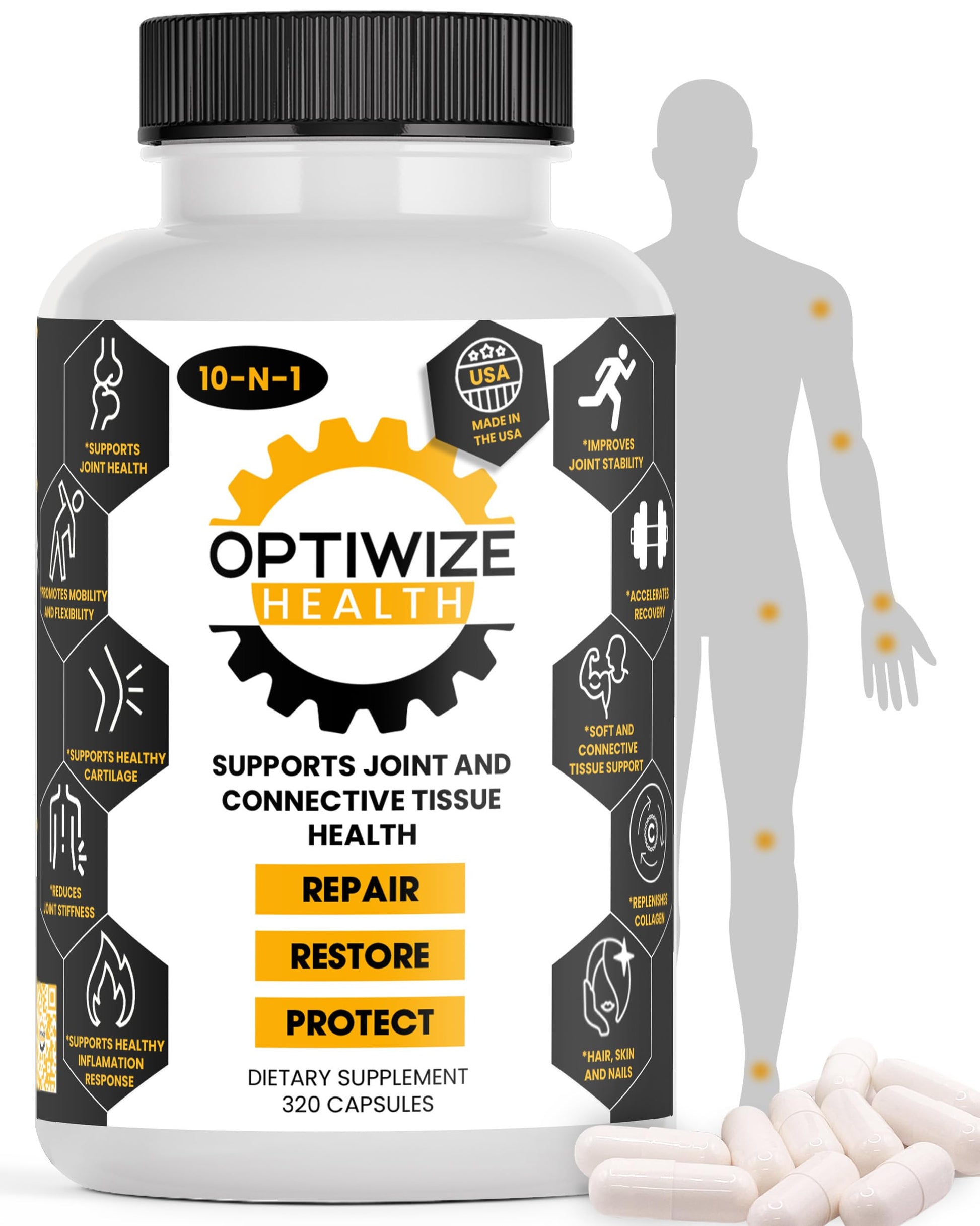 OptiWize 10-N-1 Joint Support Hydrolyzed Collagen,MSM, Hyaluronic Acid, Glucosamine,Chondroitin & More- Targets Joint Discomfort, Improves Mobility & Flexibility 320 Caps for Men & Women Made in USA OptiWize Au supplements