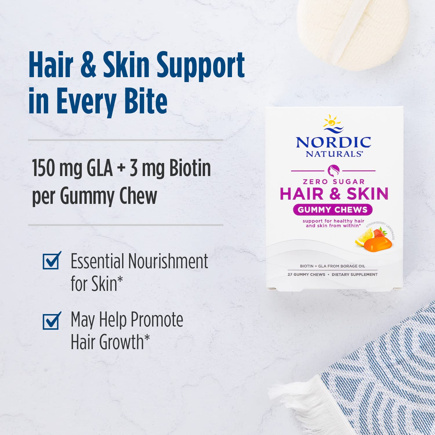 Nordic Naturals Zero Sugar Hair & Skin Gummy Chews, Strawberry Lemonade - 27 Gummy Chews - Biotin + GLA from Borage Oil - Promotes Healthy Balance of Fats in Skin - Non-GMO - 27 Servings Nordic Naturals Au supplements