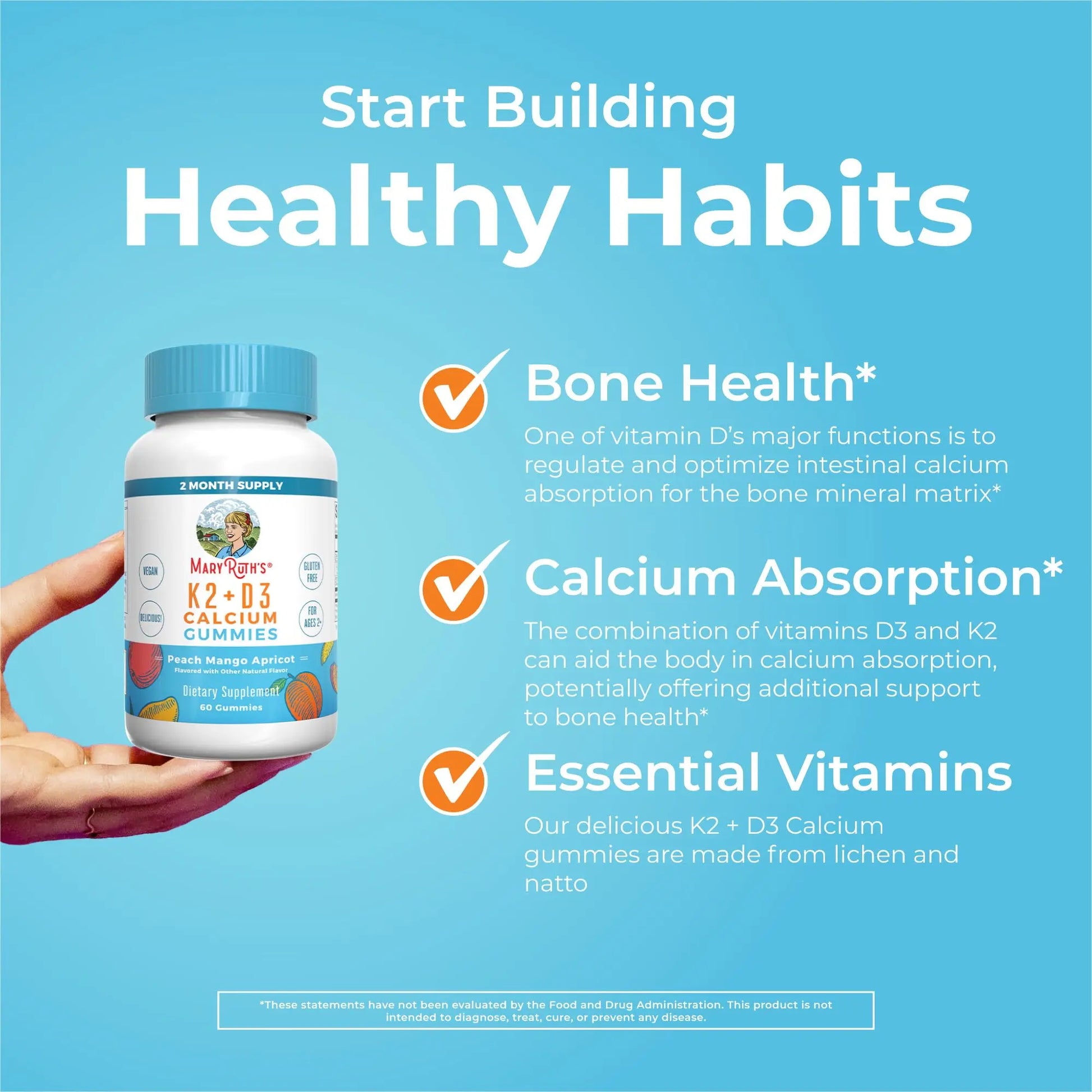MaryRuth Organics Calcium with Vitamin D & Vitamin K2, 2 Month Supply, Calcium Supplement Supports Bone Health & Joint Support, with Vitamins D3 K2 Gummies, Vegan, Non-GMO, Gluten Free, 60 Count MARYRUTH'S Au supplements