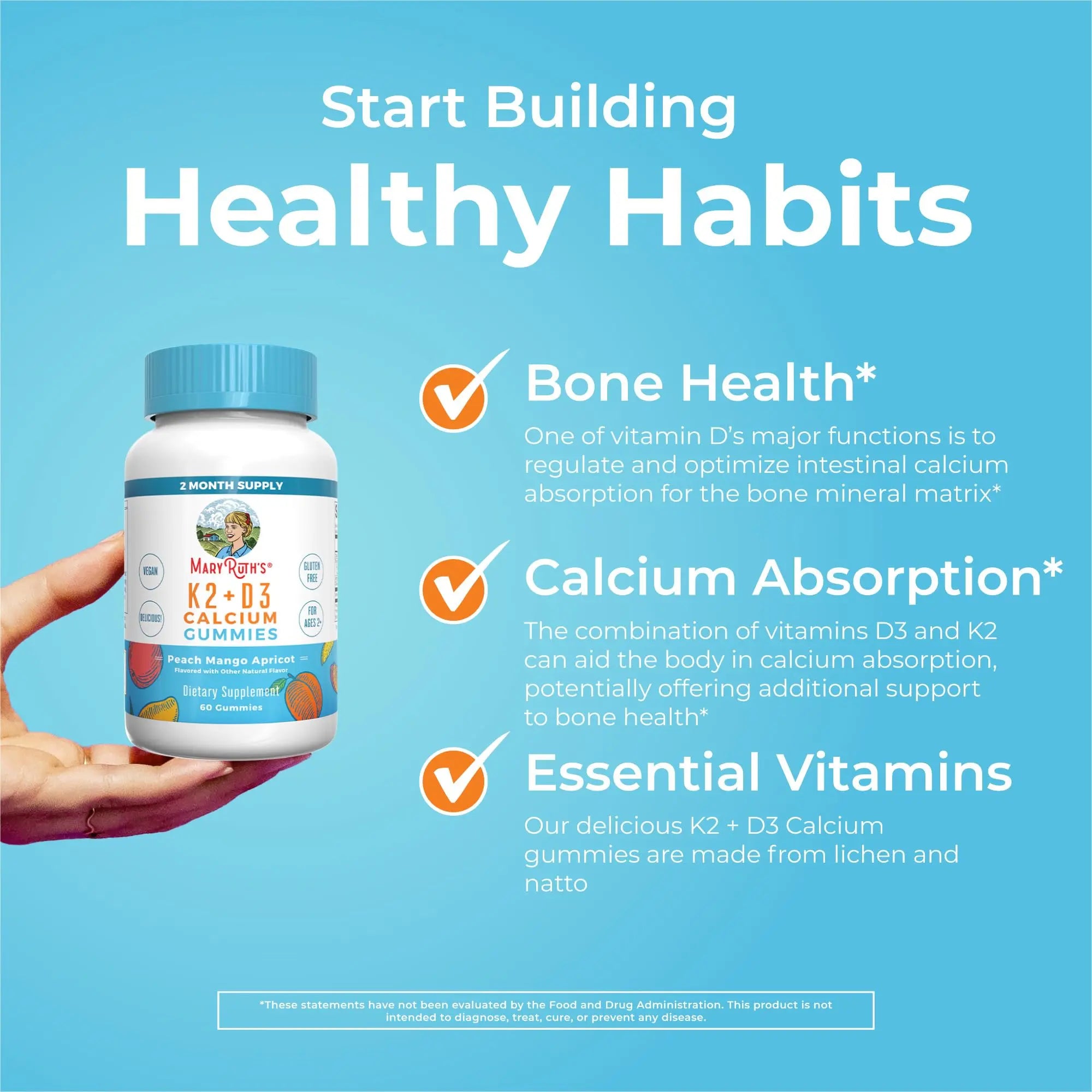 MaryRuth Organics Calcium with Vitamin D & Vitamin K2, 2 Month Supply, Calcium Supplement Supports Bone Health & Joint Support, with Vitamins D3 K2 Gummies, Vegan, Non-GMO, Gluten Free, 60 Count MARYRUTH'S Au supplements
