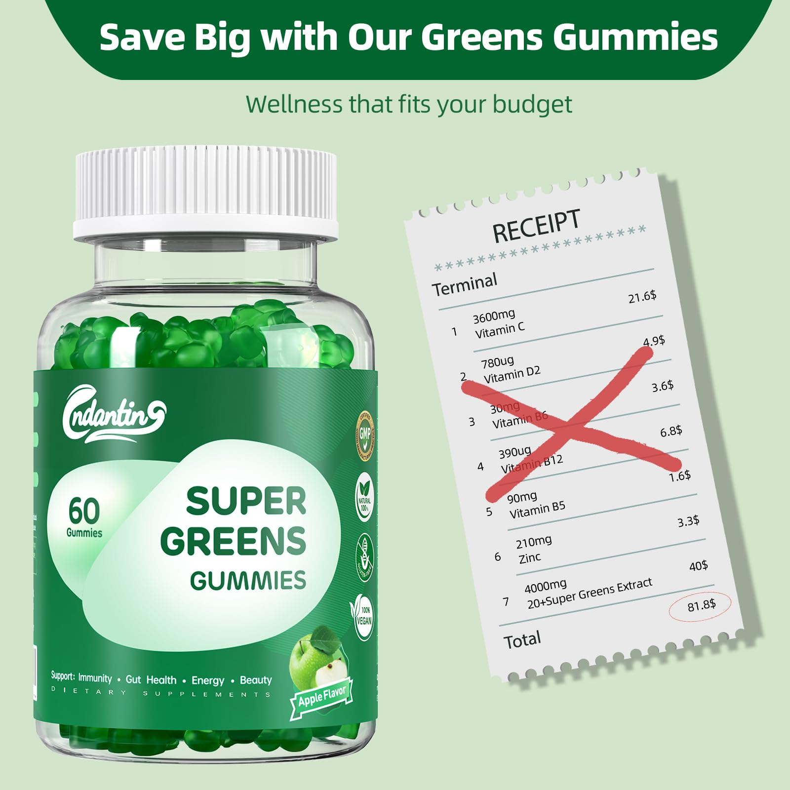 Multivitamin Super Greens Gummies - Daily Vegan Gummy Vitamins for Women, Apple Flavor | Organic Blend with Vitamin C, Turmeric, Zinc, Immune Support, Energy Booster, Metabolism | 60 Count CNDANTING Au supplements