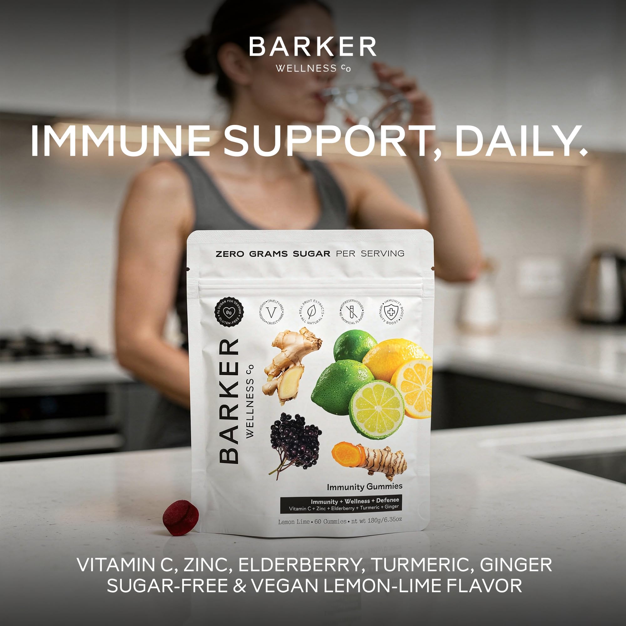 Barker Wellness Immunity Gummies with Vitamin C, Zinc, Elderberry, Turmeric & Ginger for Daily Immune Support | Vegan, Sugar-Free, Lemon-Lime Flavor | Seasonal Wellness Essentials, 60 Count Barker Wellness Co Au supplements
