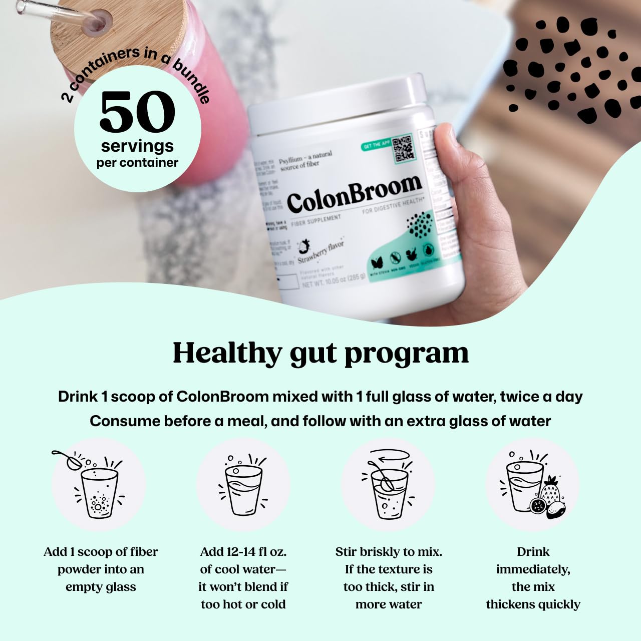 ColonBroom Psyllium Husk Powder - Colon Cleanse for Bloating Relief & Gut Health - Fiber Powder Drink - Easy to Mix - Vegan, Gluten Free, Non-GMO - Strawberry (100 Servings) ColonBroom Au supplements