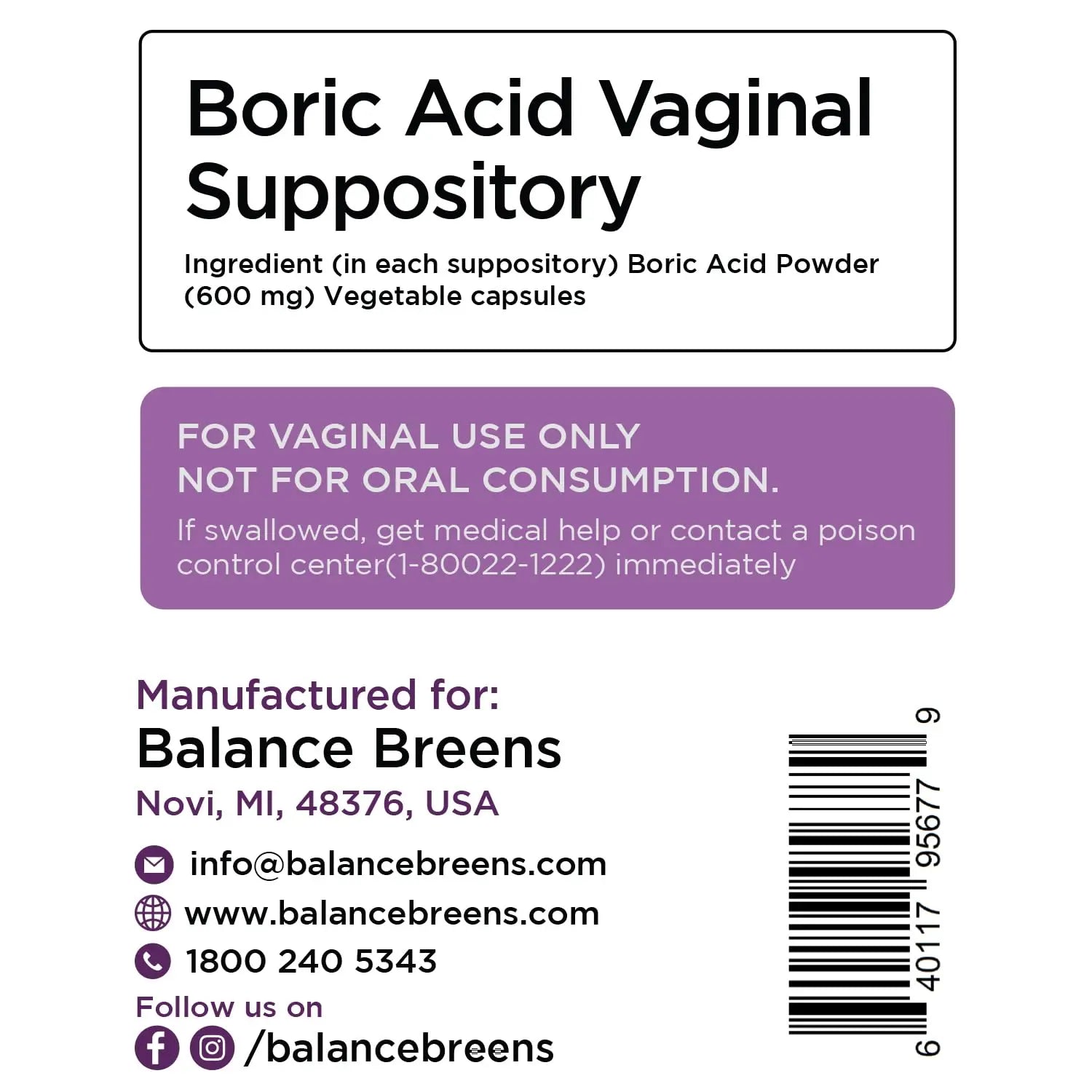 Boric Acid Suppositories for Women, 600 mg, 30 Vaginal Use Capsules - pH Balance Pills, Intimate Health Support, Yeast Infection Treatment, Made in USA (Pack of 1) Balancebreens Au supplements