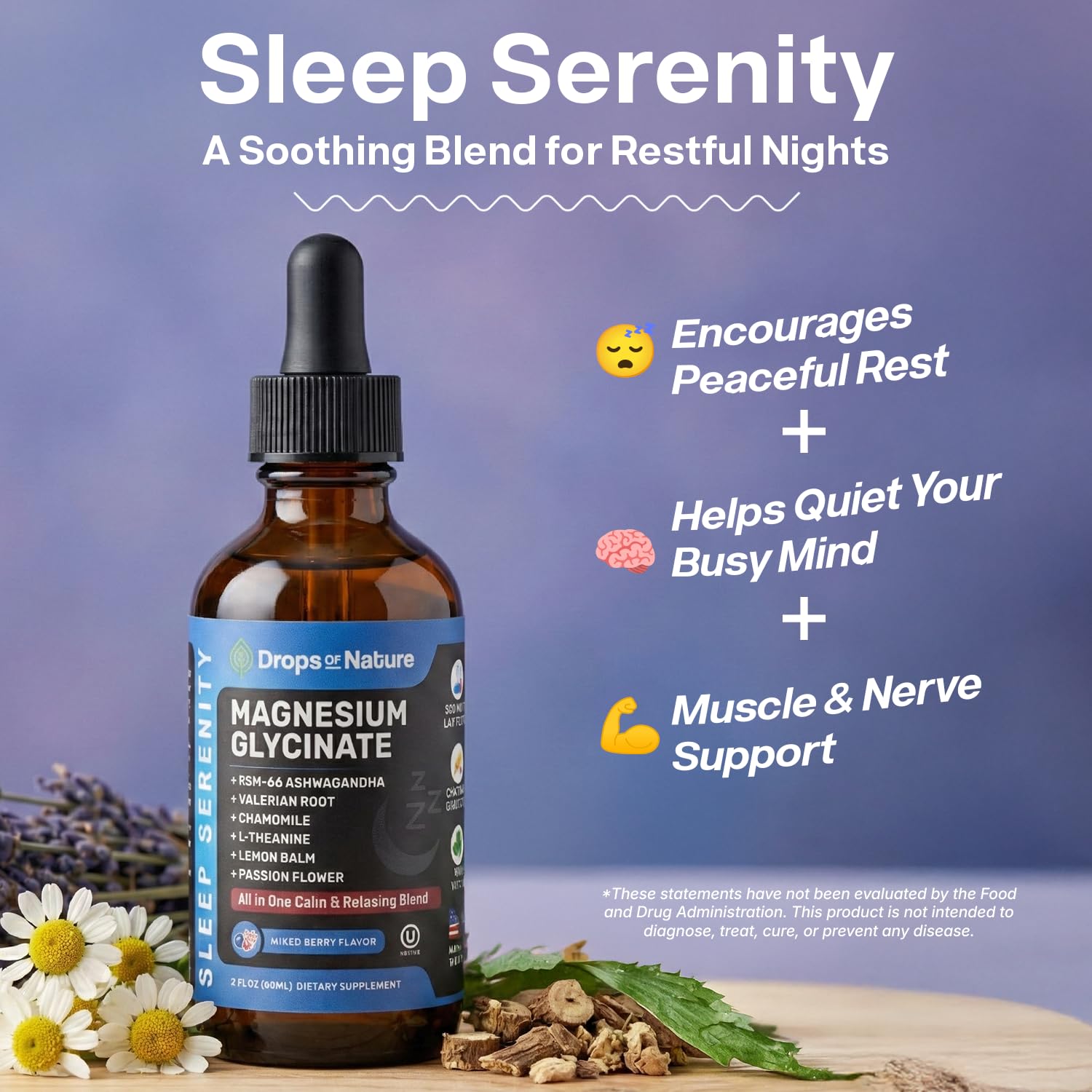 Magnesium Glycinate & Ashwagandha Liquid Drops with Valerian Root, Chamomile, Passion Flower, Lemon Balm & L-Theanine - Vegan Fast Absorption - Supplement for Wellness & Relaxation (Mixed Berry, 60mL) Drops Of Nature Au supplements