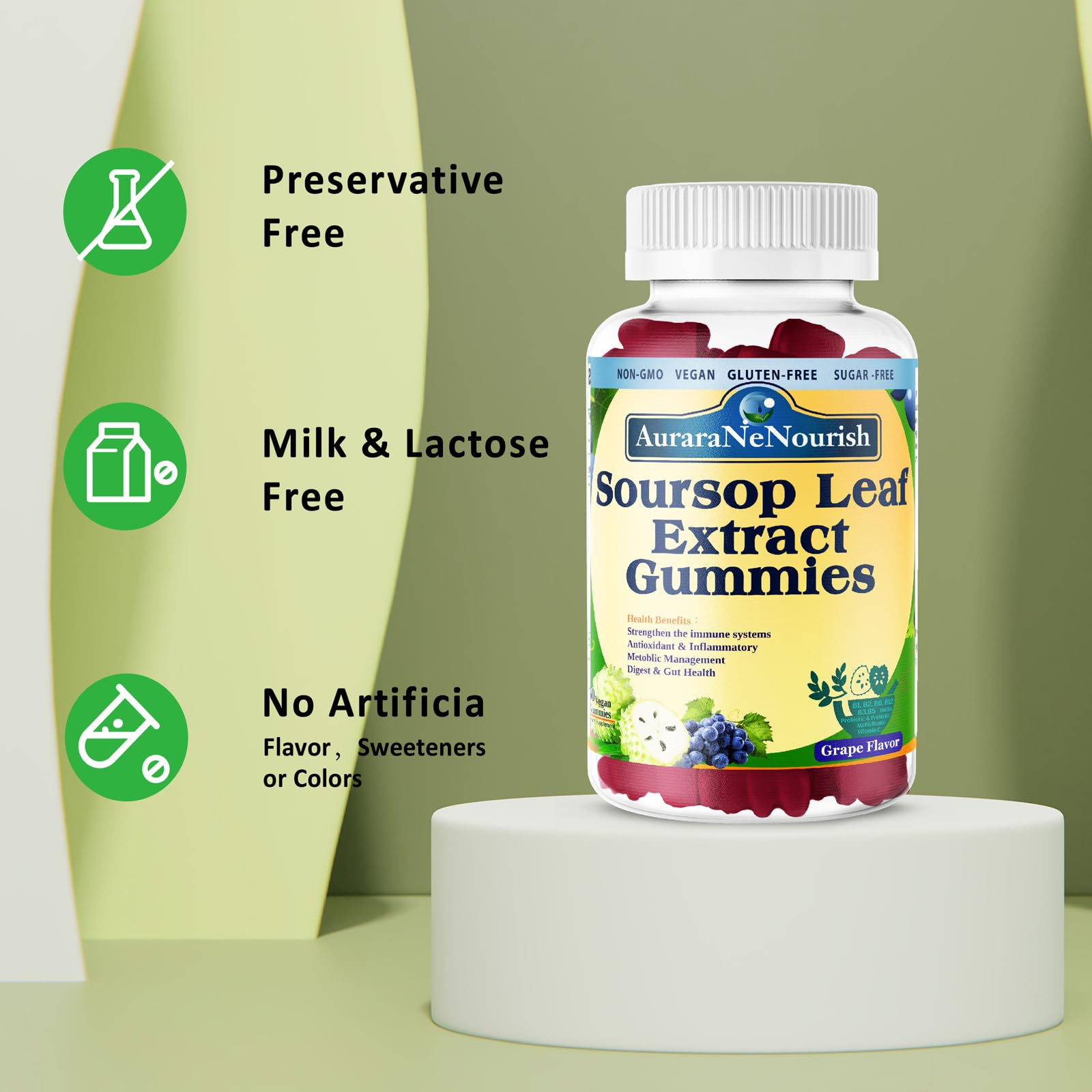 AuraraNeNourish Sugar Free Soursop Gummies with Probiotics & Fiber 100 Billion CFUs, Organic Soursop Leave Extract with Vitamin C B-Complex for Digestive Gut Health, Energy Balance, Immune Boost AuraraNeNourish Au supplements