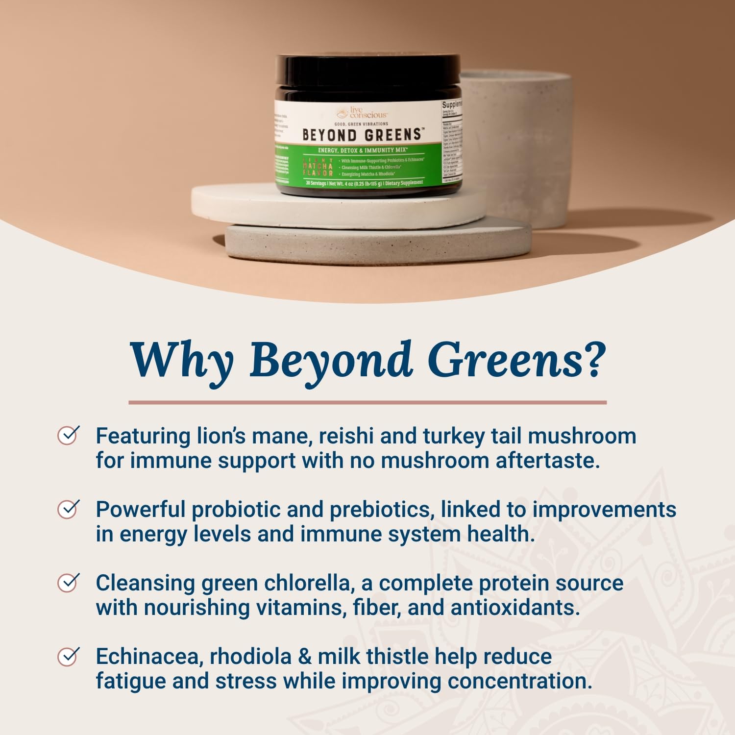 Live Conscious Beyond Greens Superfood Powder - Delicious Debloating Super Greens Powder - Matcha Greens Blend w/Chlorella, Echinacea, Probiotics for Immune Support & Energy Live Conscious Au supplements